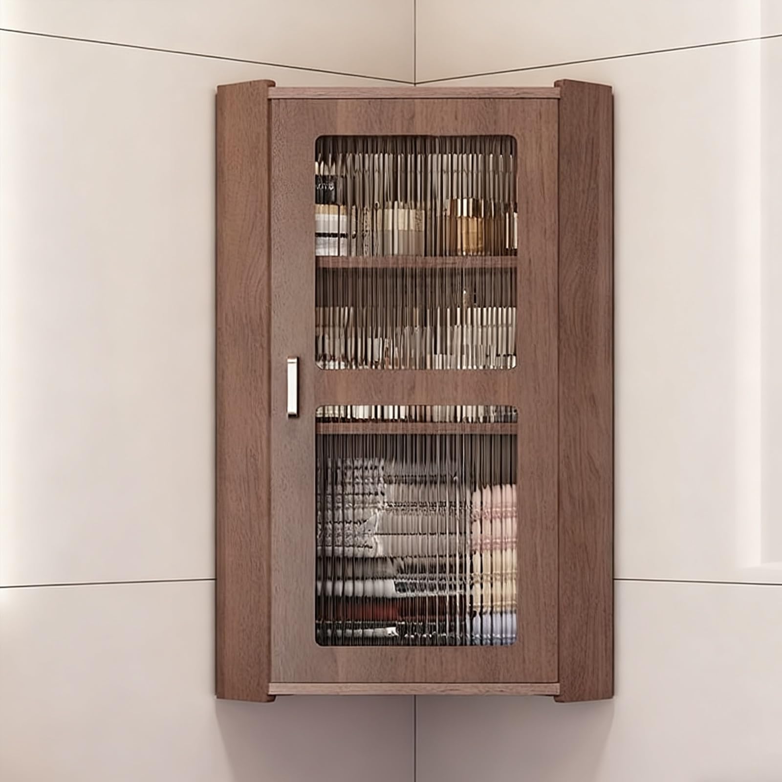 Badezimmer-Holzschrank, 3-stöckiges Eckregal für Küche und Badezimmer, schmaler Wandschrank, Organizer, Etagenspind mit einer Tür (25 x 25 x 70 cm)