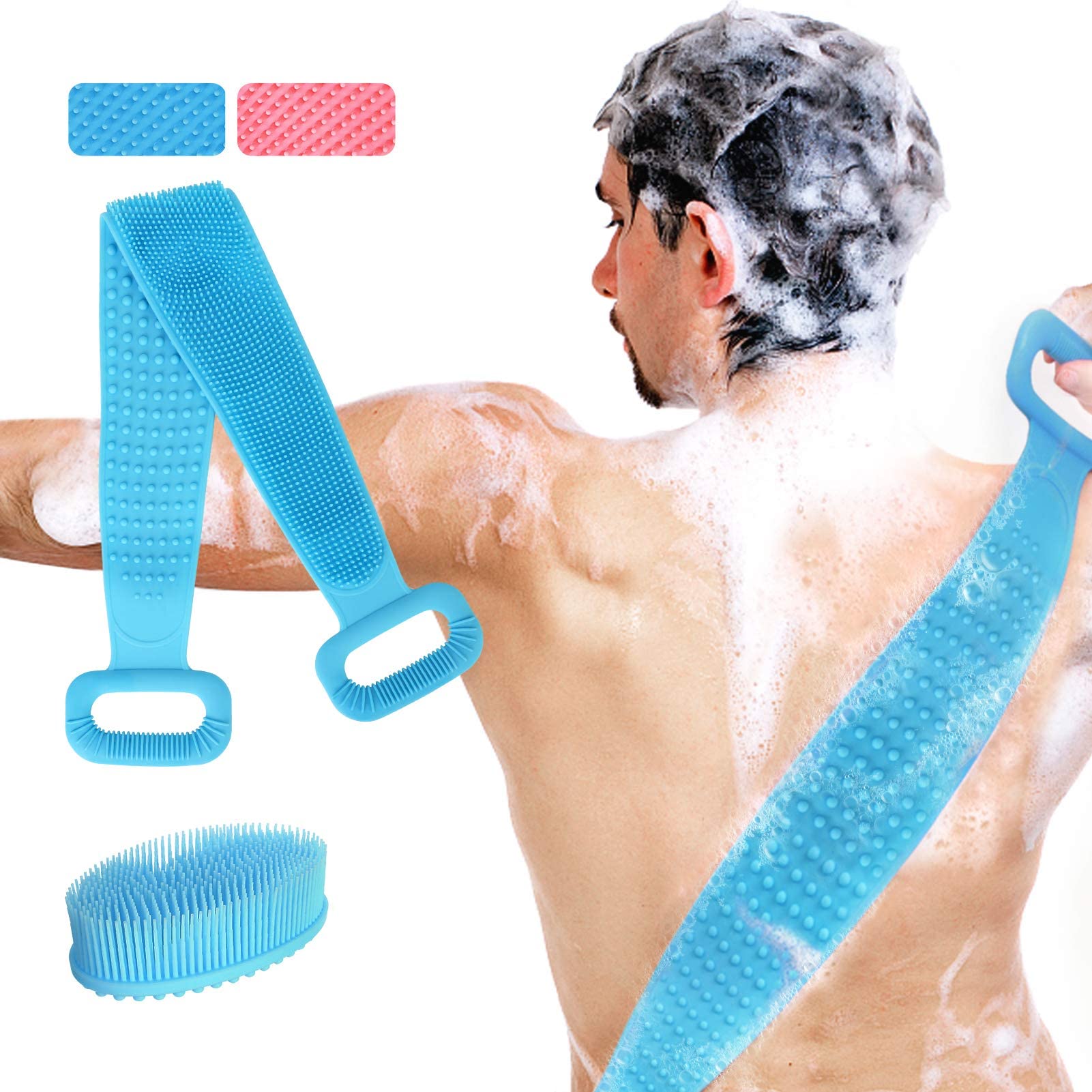 2 in 1 Silicone Bath Body Brush Set, Silicone Loofah, 30" Lengthen Silicone Back Scrubber, Perfect Bath Tool for Men and Women (Blue)
