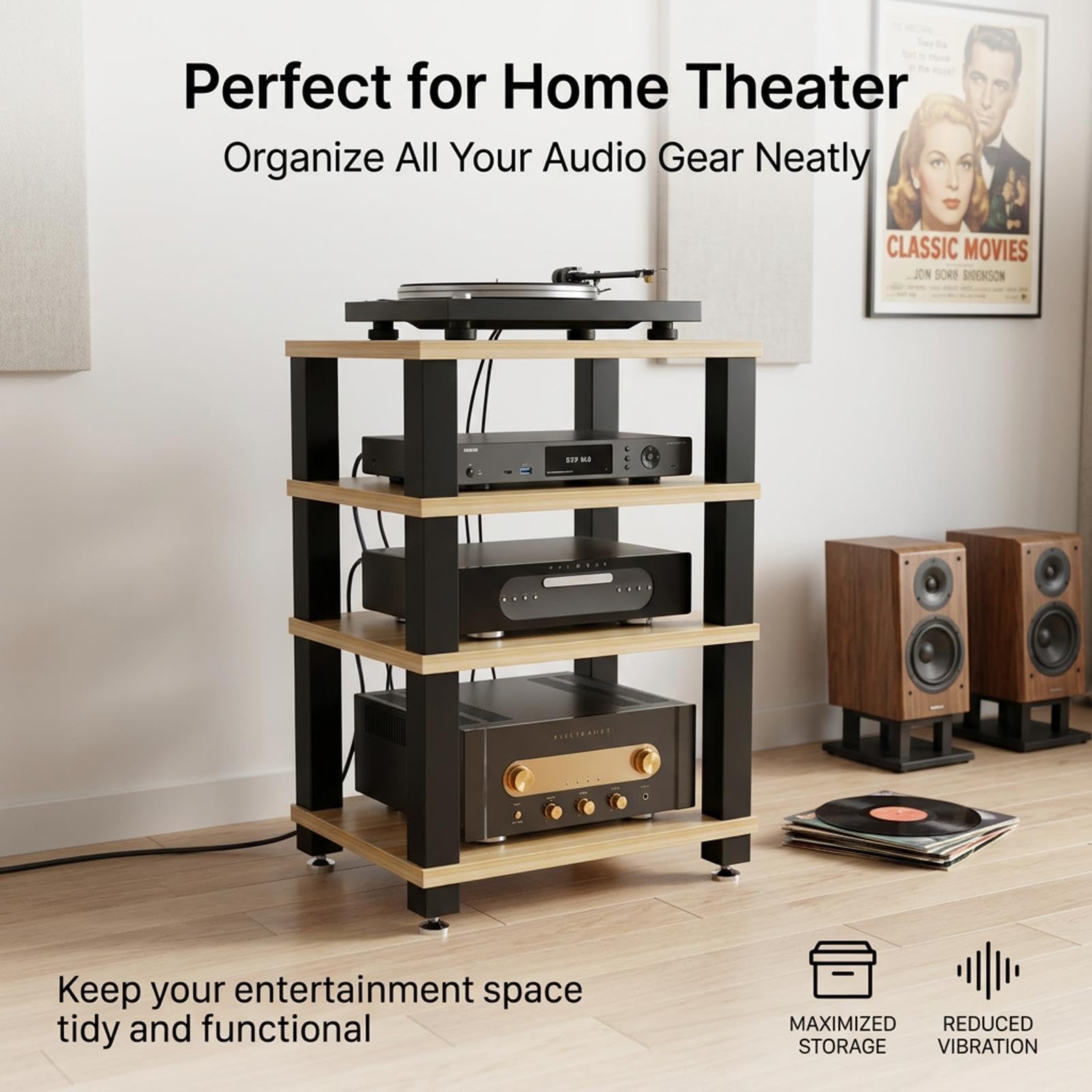 Rack Audio, Supporto Stereo Con Telaio In Acciaio Al Carbonio E Ripiani