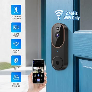 1080p Wireless Smart Doorbell Camera with Doorbell Receiver, HD Live Image, AI Human Detection, 2.4GHz Wi-Fi, Two- Way Audio, Cloud Storage, Battery Powered Camera (Brown)