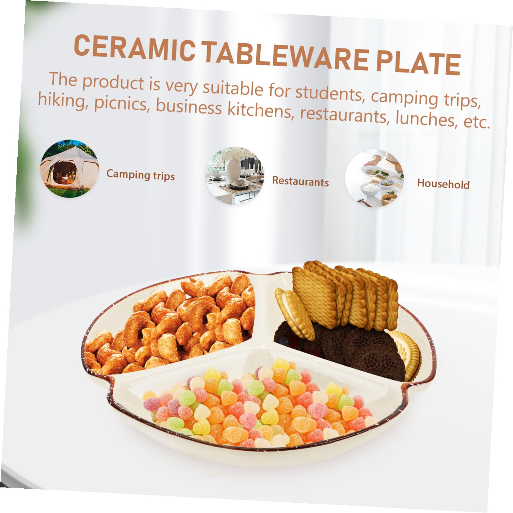 Gadpiparty Keramik Servierplatte mit 3 Fächern Unterteilter Teller ohne Grate für Snacks und Frühstück zu Hause oder Beim Picknick Langlebig und Praktisch