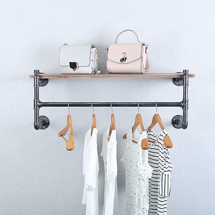 Buy Industrial Pipe Clothing Rack Wall Mounted with Real Wood Shelf