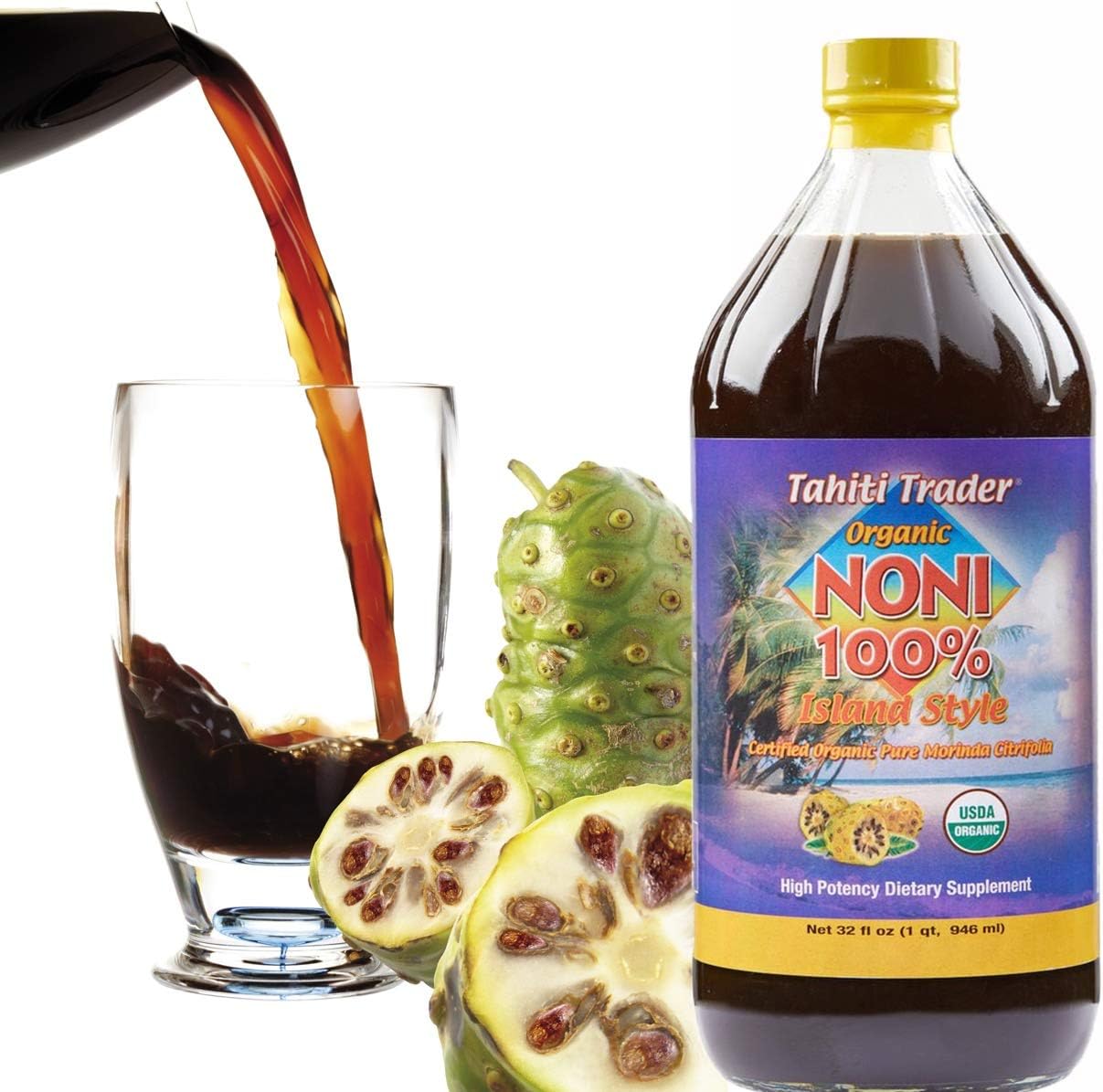 Tahiti Trader Island Style High Potency Noni Juice - Pure Noni Fruit Juice Fermented to Vinegar - Organic Antioxidant Superfood Supporting Energy & Body Health - (32oz, 1 Pack)