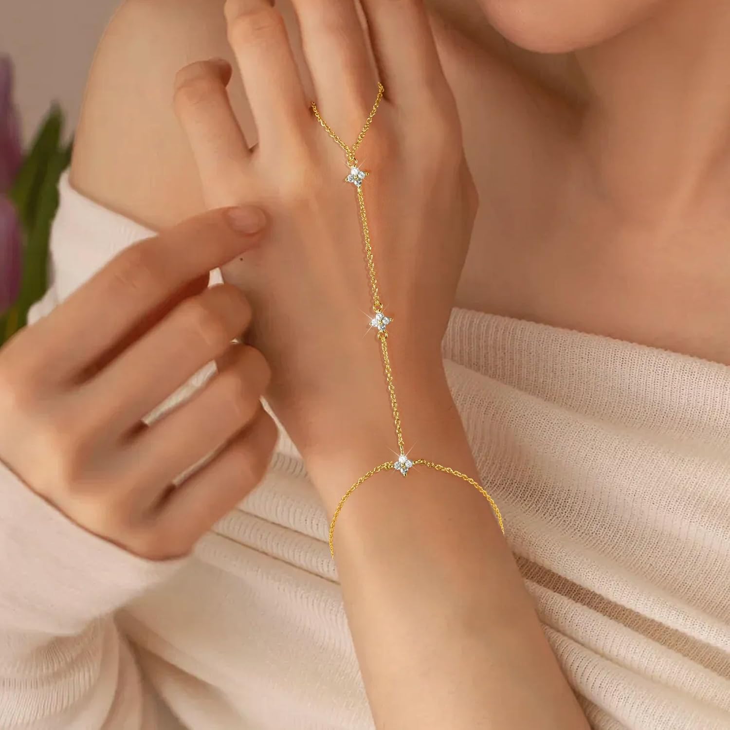 Hand Chain Bracelet, Adjustable Hand Jewelry Chain Bracelet with Ring, Trendy Gold Handchains Jewelry - Image 5