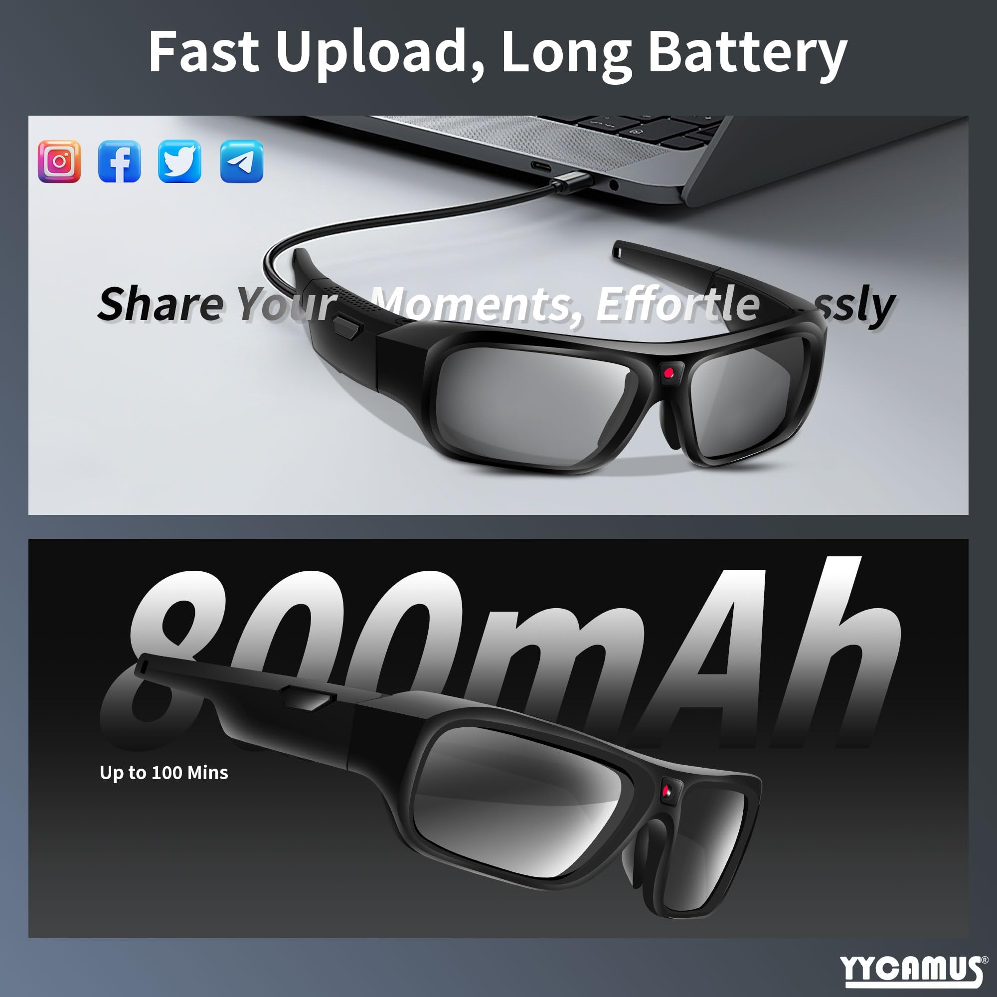 Superior 4K 2160P Camera Glasses, Upgrade Camera Video Glasses, Video Camera Sunglasses, Smart Video Sunglasses with UV Protection for Outdoor Sports, Cycling, Black