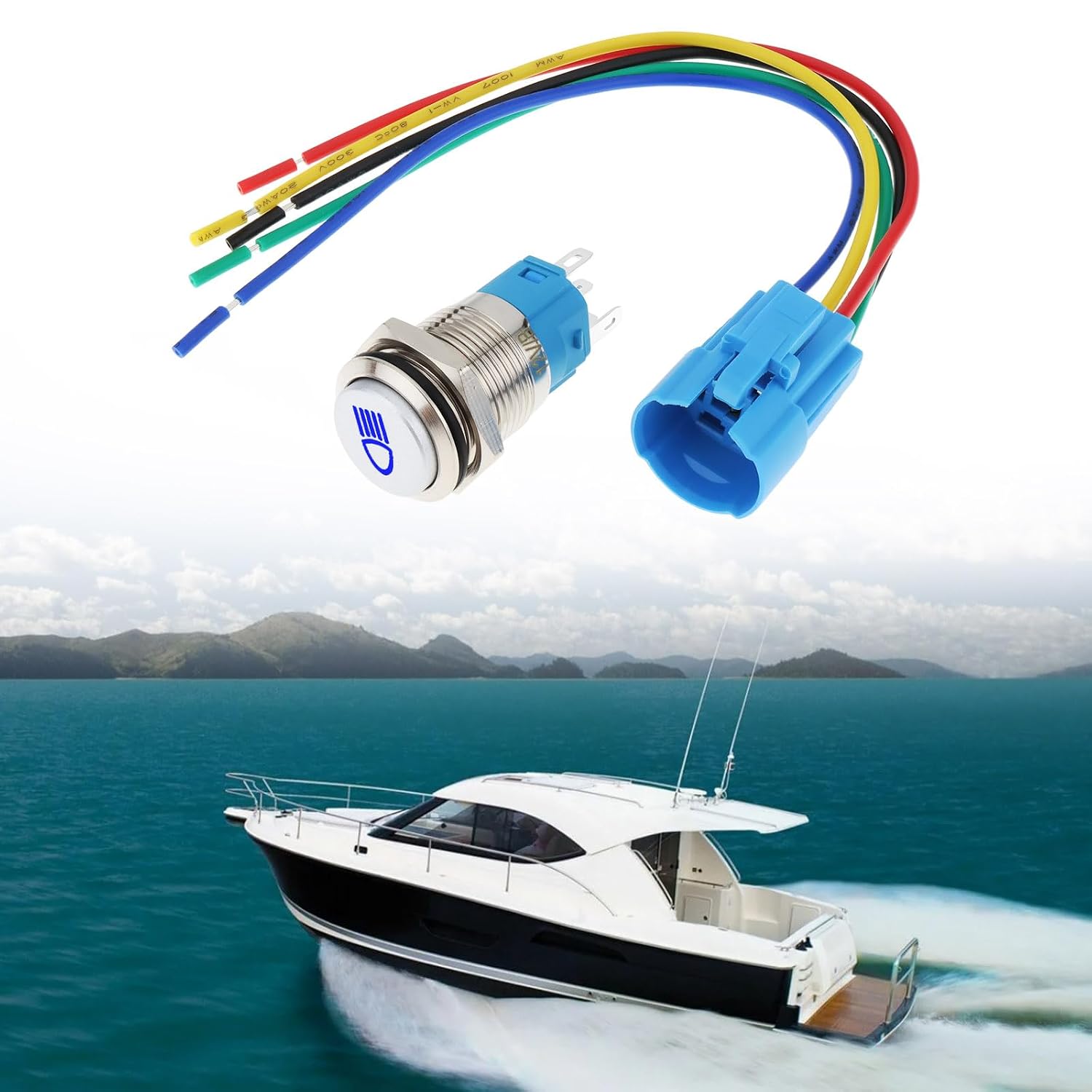 2 PCs 16mm Chrome Push Button Switch Wiring Harness 12V 3A LED Light IP65 High Beam Toggle, Blue