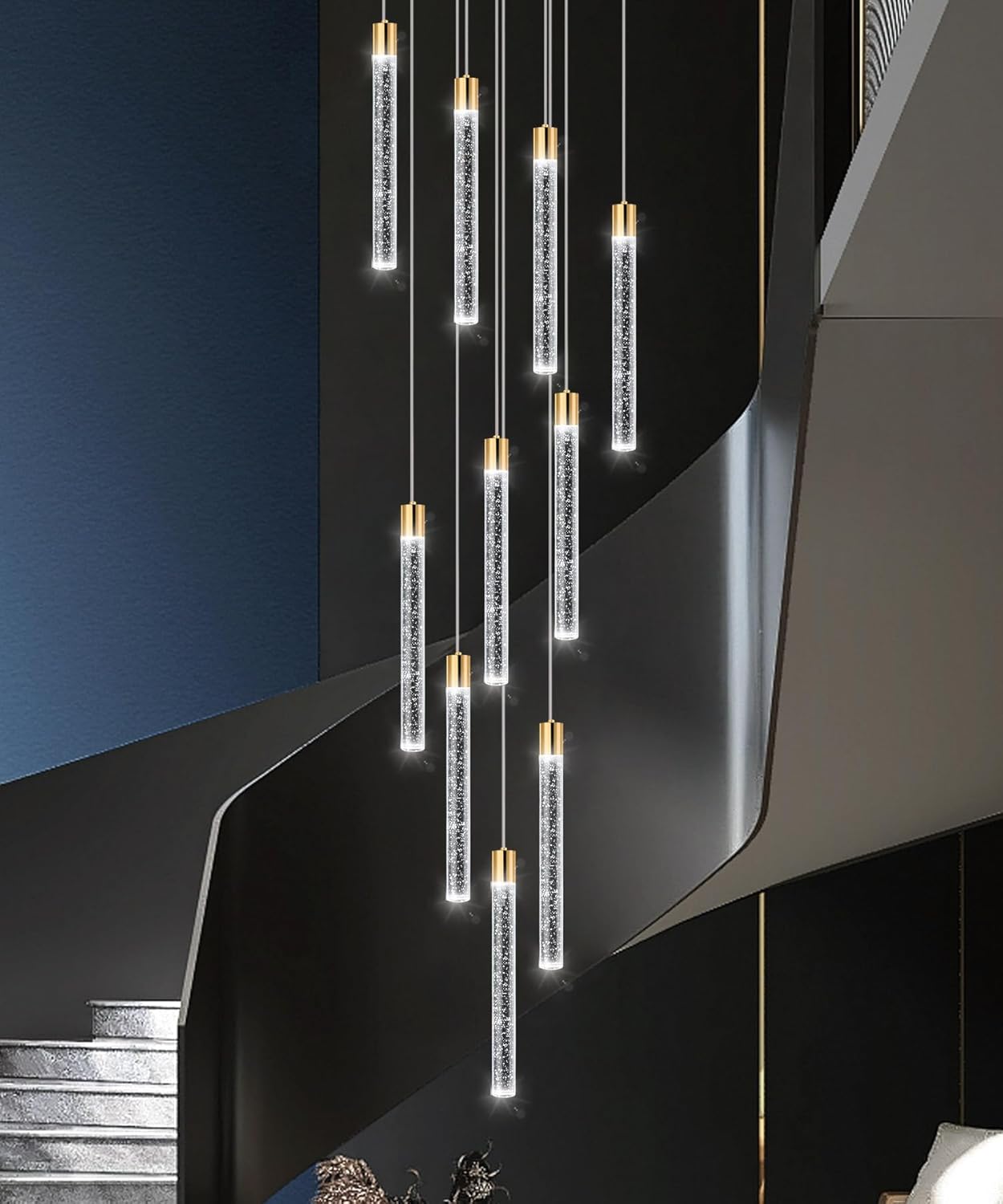 10-Light Long Large Modern Led Crystal Chandeliers Modern Spiral Chandeliers High Ceilings Chandelier for Staircase Foyer Gold