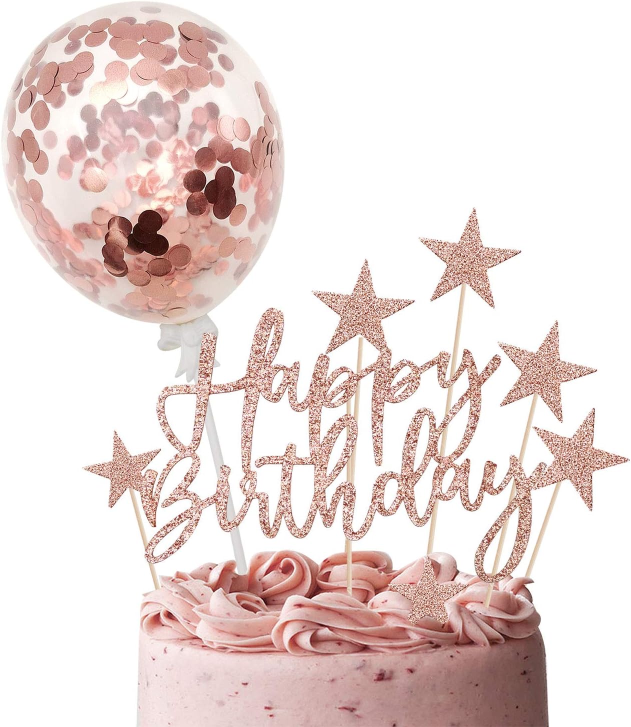 iZoeL Cake Decoration Rose Gold Happy Birthday Stars Topper Confetti Balloon Cake Decoration Birthday Decoration Girls Women