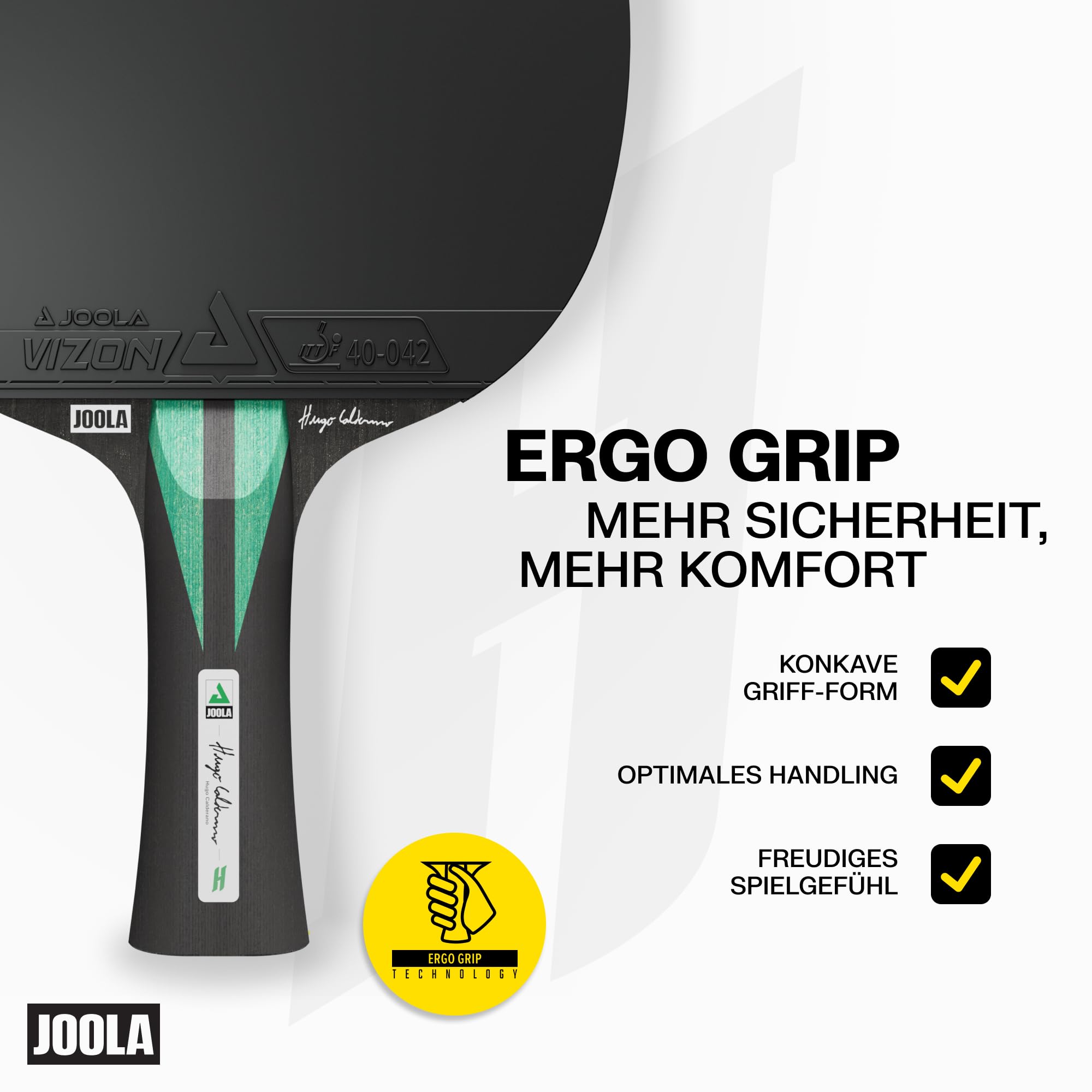 JOOLA Hugo Calderano Carbon Tischtennisschläger inkl. 3 Tischtennisbälle + Schlägerhülle, ITTF-zugelassen, VIZON-Beläge, schwarz/grün