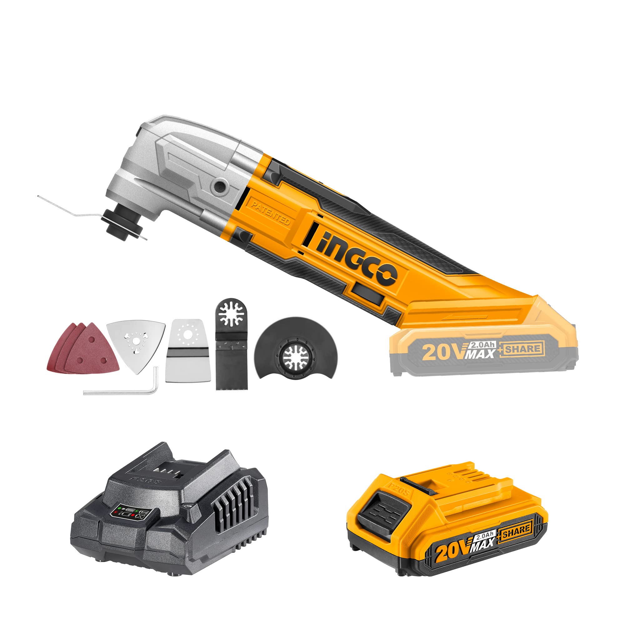 Multiherramienta Oscilante Inalámbrica sin Escobillas INGCO 20V 20000RPM Herramienta Multifunción de para cortar/aserrar/pulir/moler (2.0 Ah)
