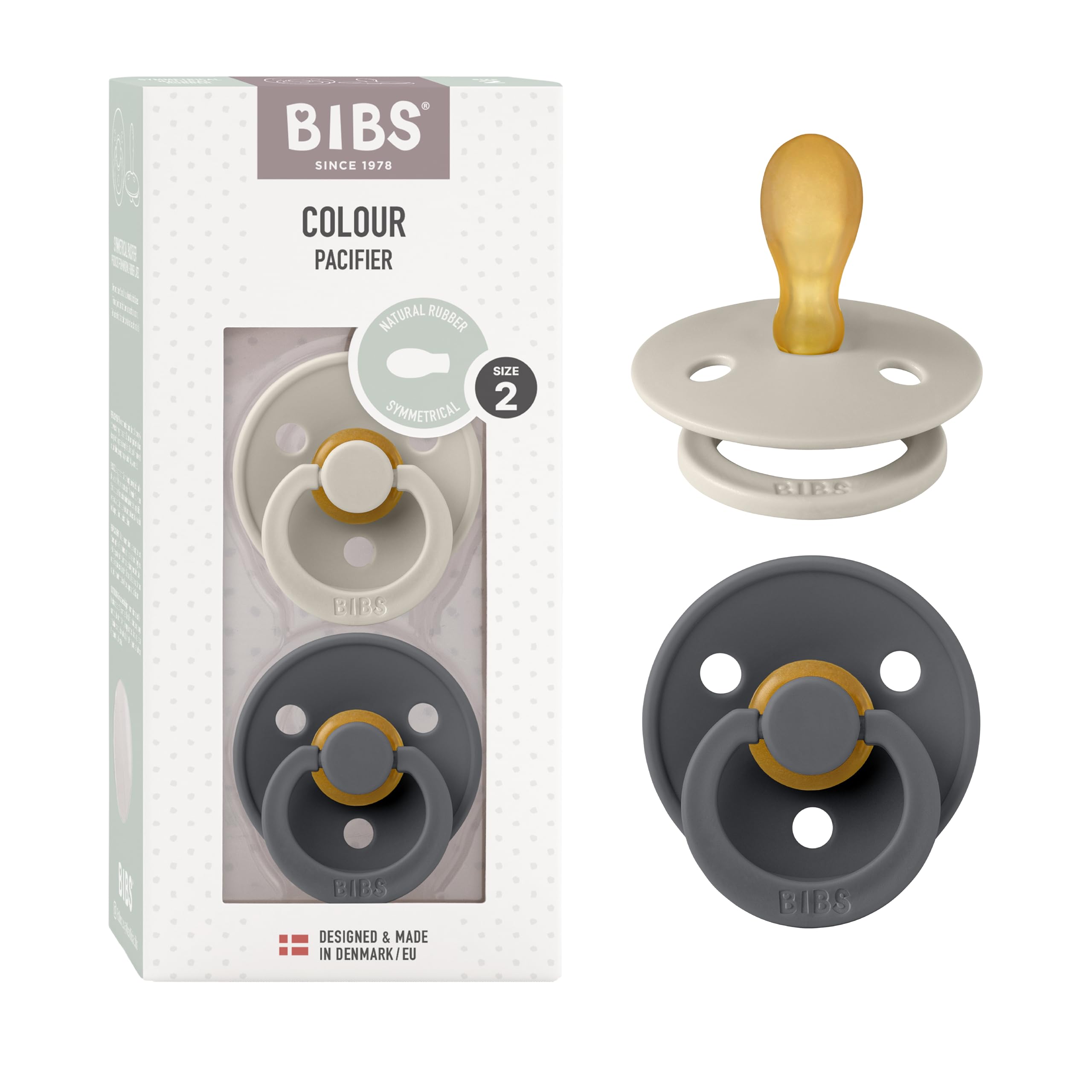 BIBS Colour Symmetrical, Set di 2 ciucci, succhietto senza BPA, Tettarella simmetrica. Lattice di gomma naturale, Prodotto in Danimarca/UE. Misura 2 (6-18 mesi), Sand/Iron
