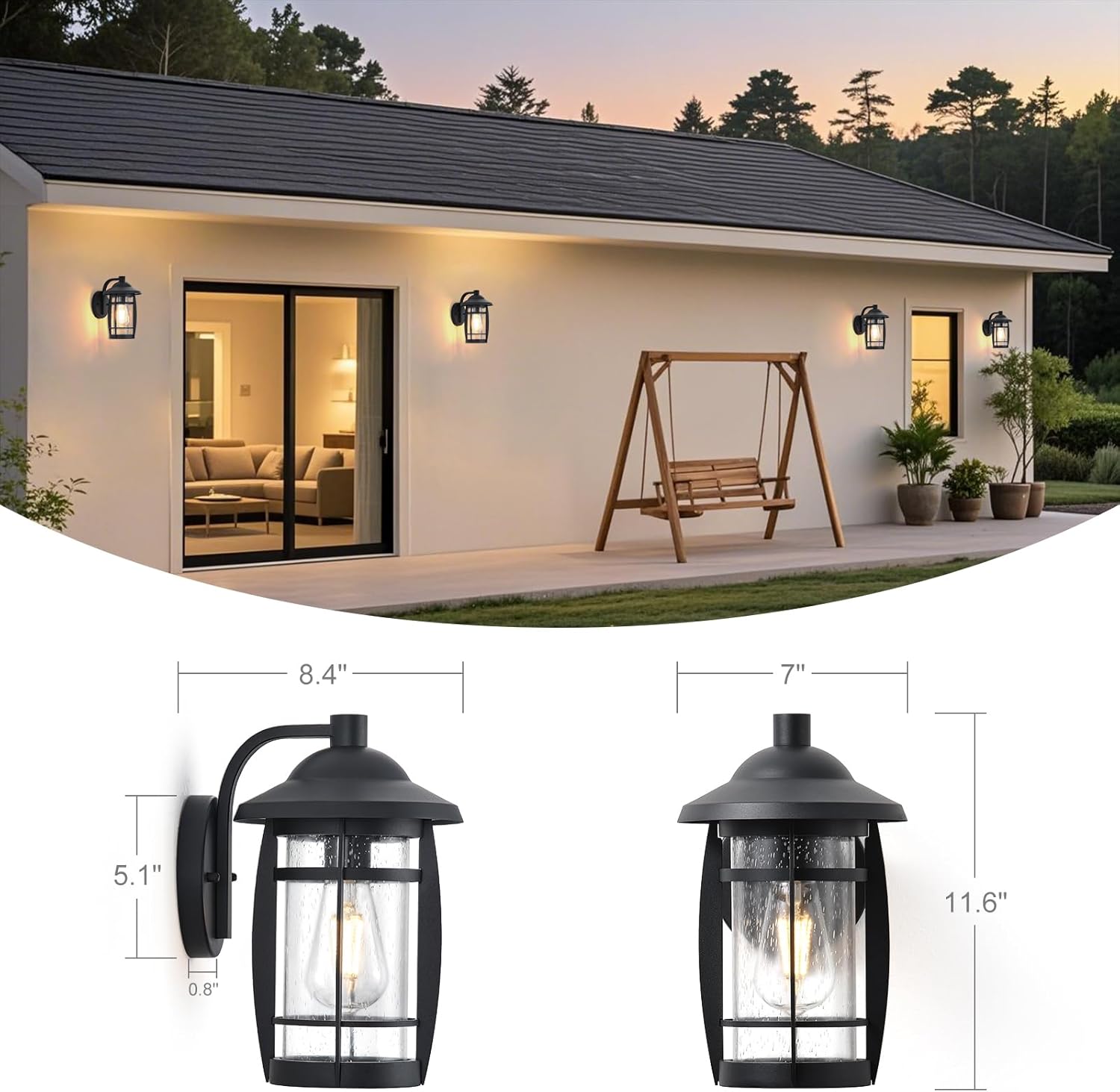 Outdoor Light Fixture 12 Inch Exterior Wall Lights with Seeded Glass, Black Outdoor Wall Lantern for Patio, 1 Pack Outside Frontdoor Porch Sconce Garage Wall Lighting for Entryway, Aluminum