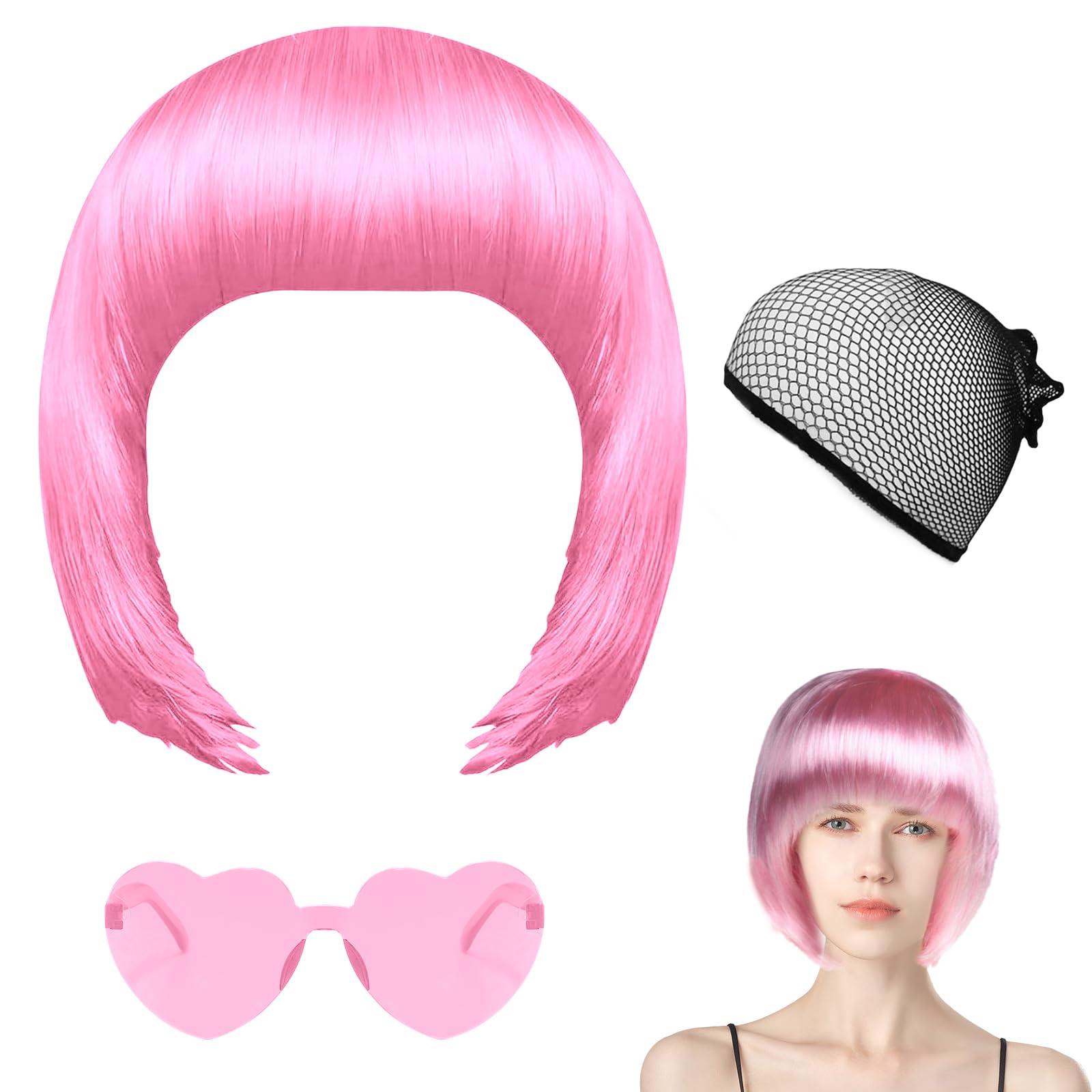 Pink Bob Wig Set including Sunglasses, Wig Cover, for Cosplay & Parties