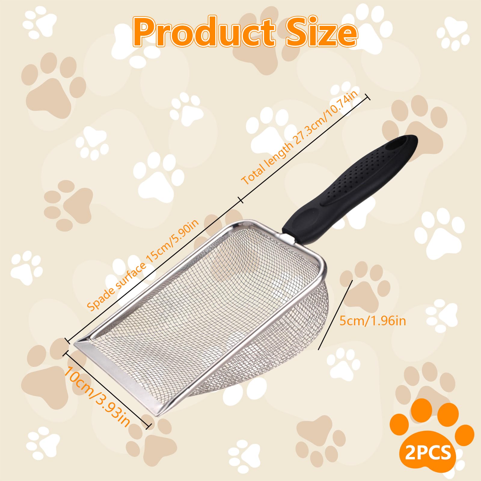 2pcs Cat Litter Scoop Stainless Steel Mesh Sifter Reptile Sand Scoop Shovel Pet Litter Sand Shovel for Cats Dogs Rabbits Hamsters Tortoise Lizard Reptiles Ergonomic Handle Durable Non-Stick Easy Clean - Image 2