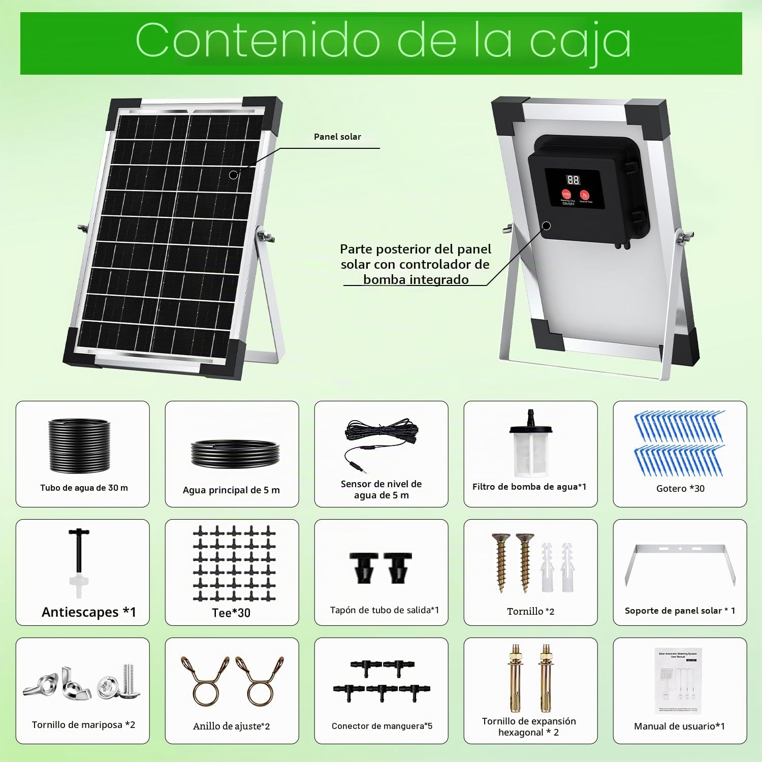 Onherm Kit Sistema de Riego por Goteo Automático Solar para Maceta, Manguera de 30 Metros para 1-30 Plantas en Macetas, 300 Modos de Temporizador, pare Jardín, Balcón y Huerta