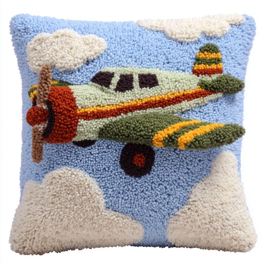 WallustrioaW Latch Hook Kit Cushion,Cartoon Airplane,Latch Hook Kit DIY Pillow Materials Package Embroidery Cross Stitch Gifts,17x17in
