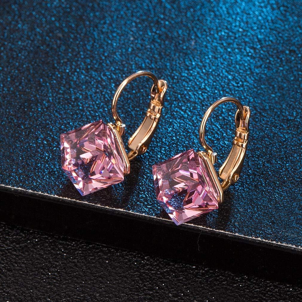 Cube Austrian Crystal Drop Leverback Earrings for Women Fashion 14K Rose Gold Plated Hypoallergenic Jewelry - Image 3