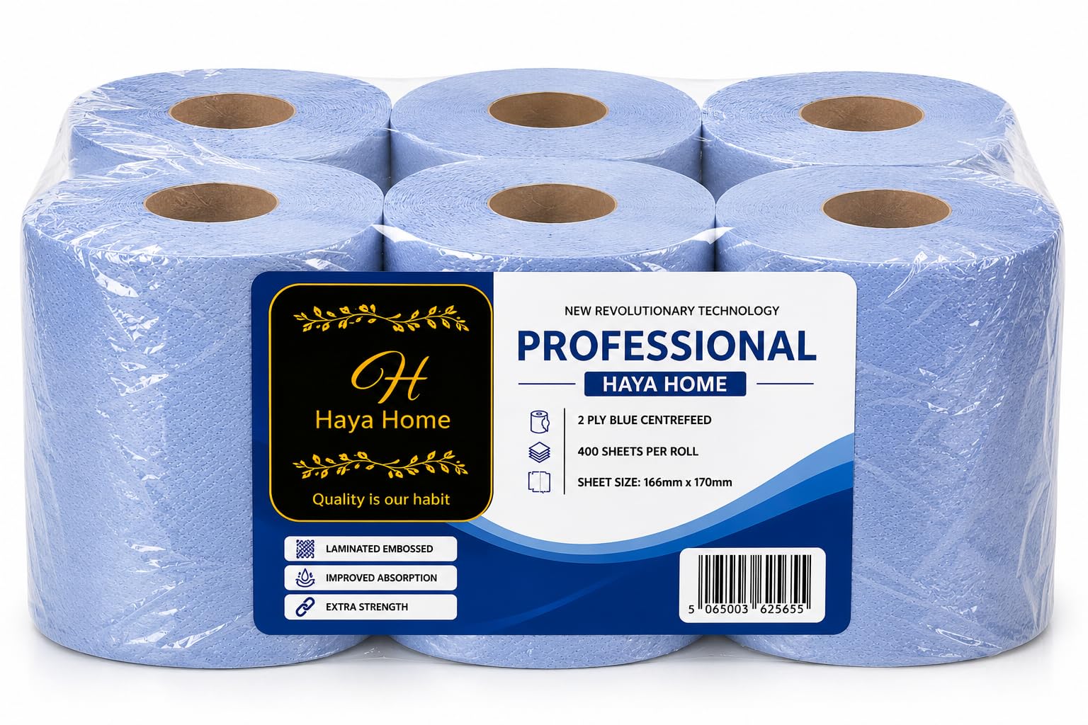 Blue Roll - Toallas de papel de alimentación central de 2 capas, papel de seda, toallitas de limpieza fuertes y absorbentes para restaurante, hogar, cocina, baño, taller, uso industrial