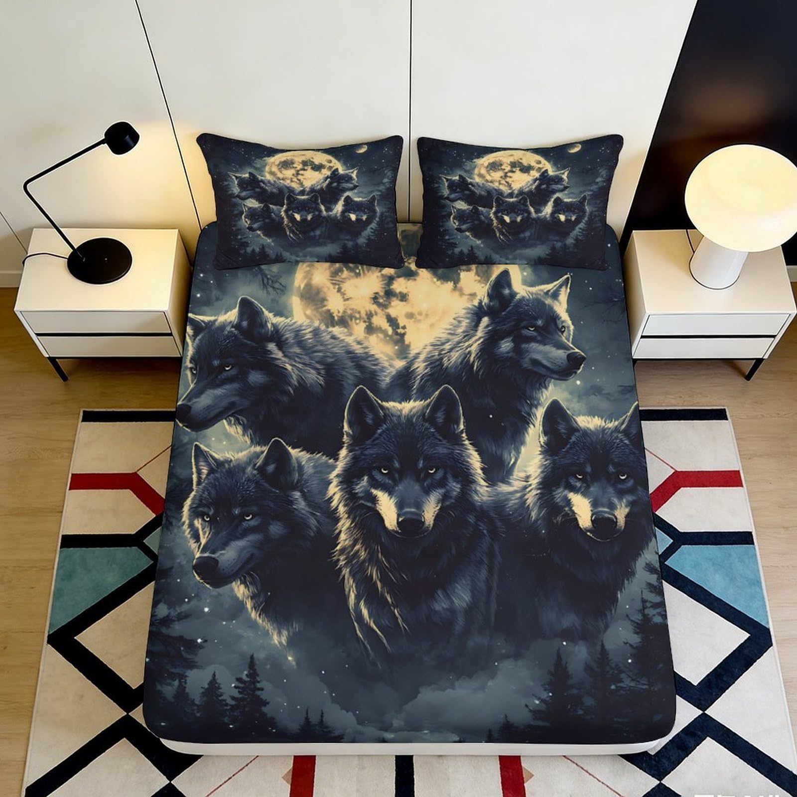 Pnayamiorkfel Style-9 3D Printed Wolf Moon Fitted Sheet Microfiber Soft Dark Forest Bed Cover For Bedroom Guest Room Decor 90X200x25cm