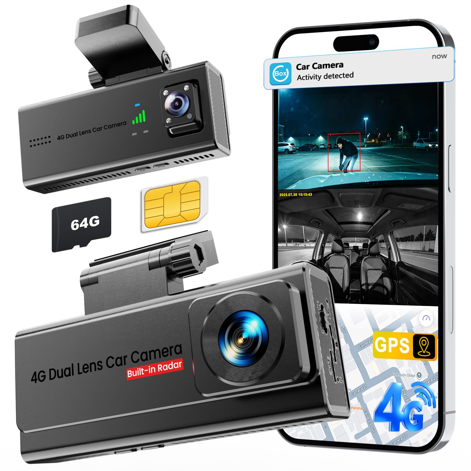 Dash Cam Auto 4G LTE z kartą SIM, zdalne podgląd na żywo i parking