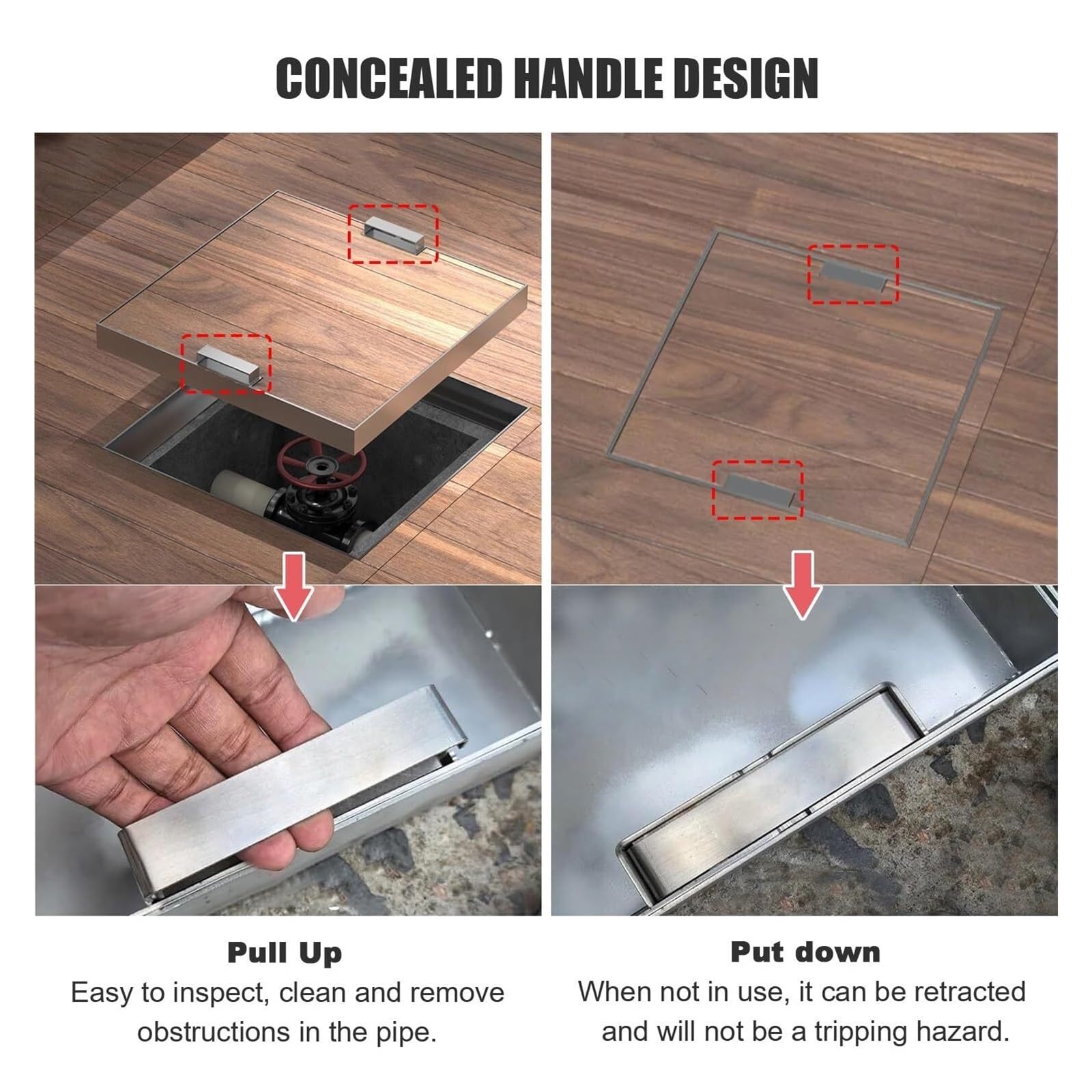 Cubierta y marco de alcantarilla para cámara de inspección, acero inoxidable 304, mango oculto, ideal para patios, jardines, escuelas, patios, plata, 75 x 75 x 5 cm
