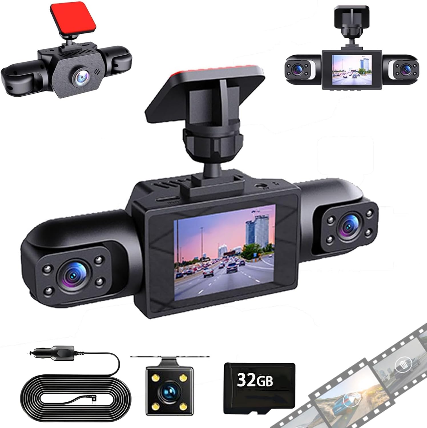 Full View Car Dashcam System, 360° 4 Channel Dash Cam, 1080p Car Dash Camera, Wireless, Night Vision, Loop Recording, Parking Monitor, with 32GB Card (Upgraded Version（Four Sides）)