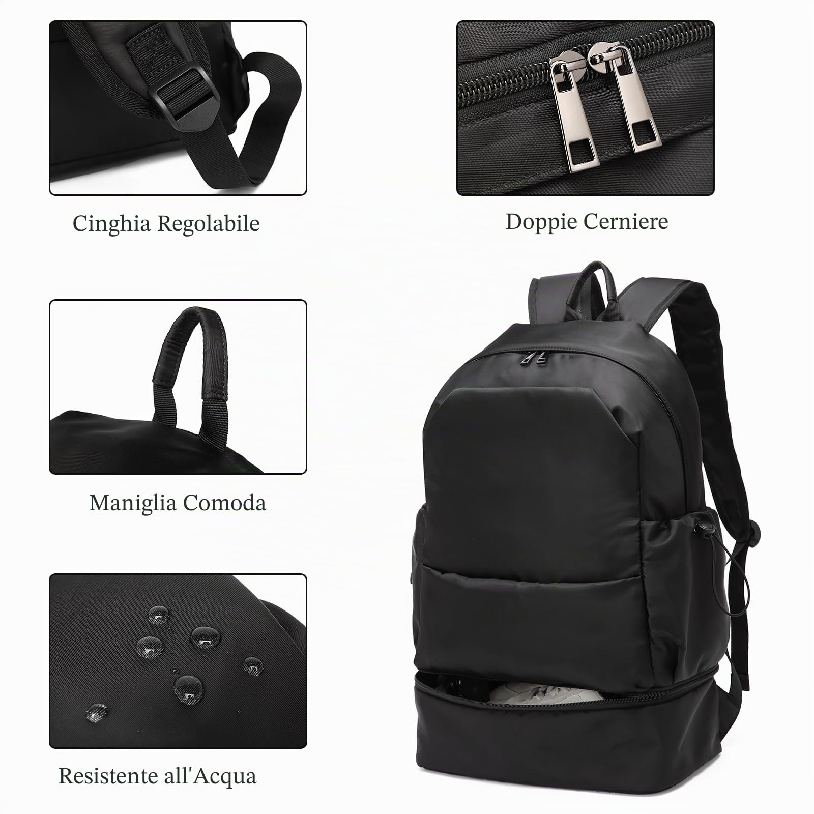 Seyfocnia Zaino da Palestra per Uomini, Zaino da Viaggio Impermeabile con Scomparto per Scarpe, Borsa da Sport Leggera, nero, 22 Inches, Da viaggio