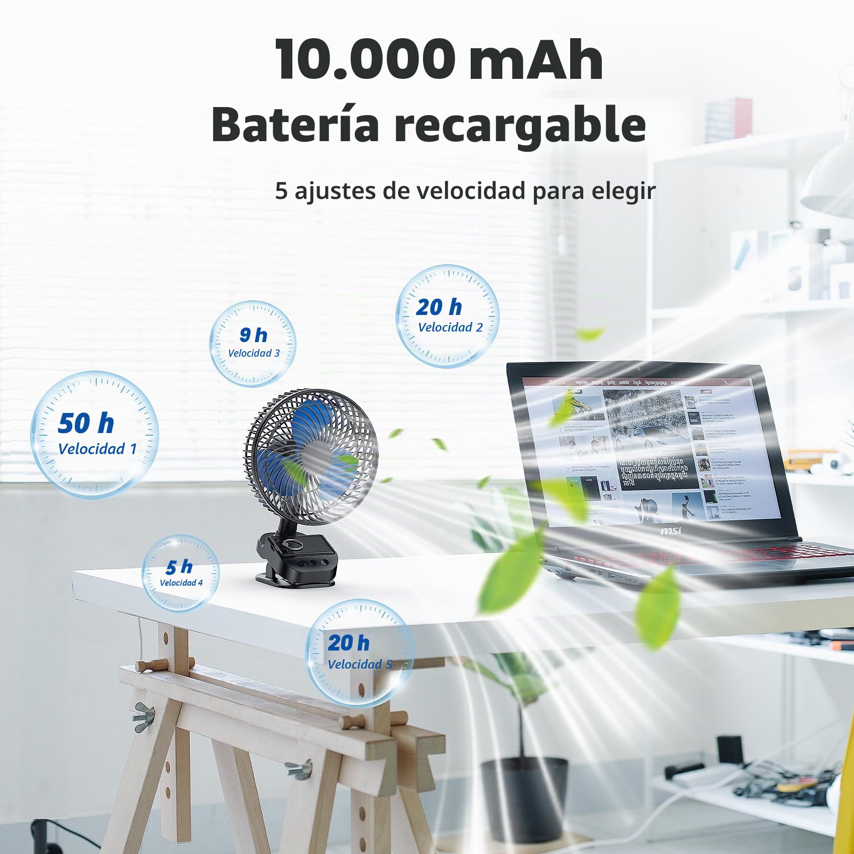 ATEngeus Ventilador USB 4 en 1, 8'' Pinza Ventiladores, 10000 mAh Recargable Batería Ventilador, 5 Velocidades Camping Ventilador, Rotación automática de 45°/90°, Temporizador, con clip y gancho