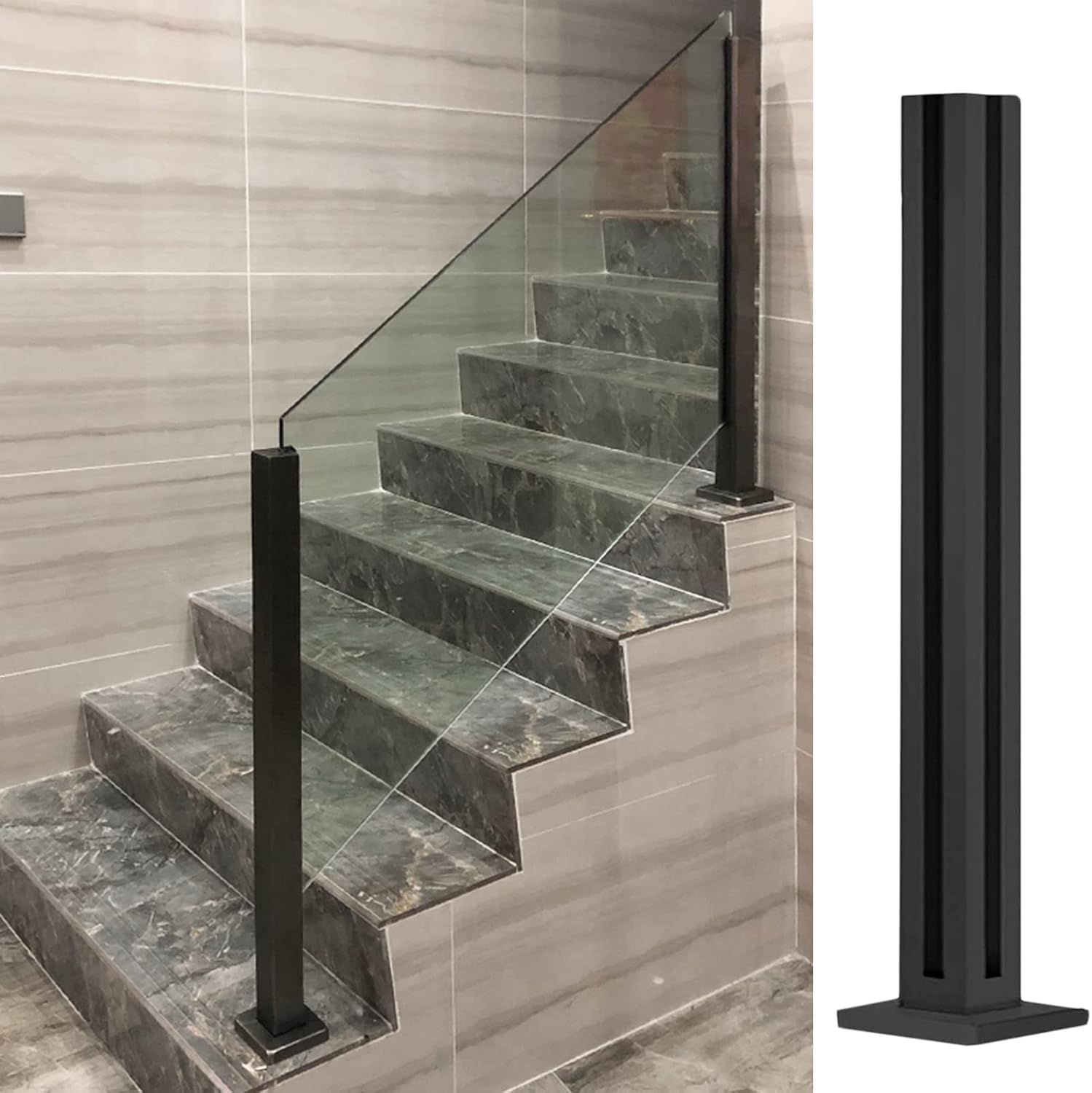 GJZNJYL Black Stainless Steel Square Glass Railing Post - 95cm Tall Staircase Balustrade for Interior & Exterior Use, Durable Corner Post Design for Modern Safety & Style