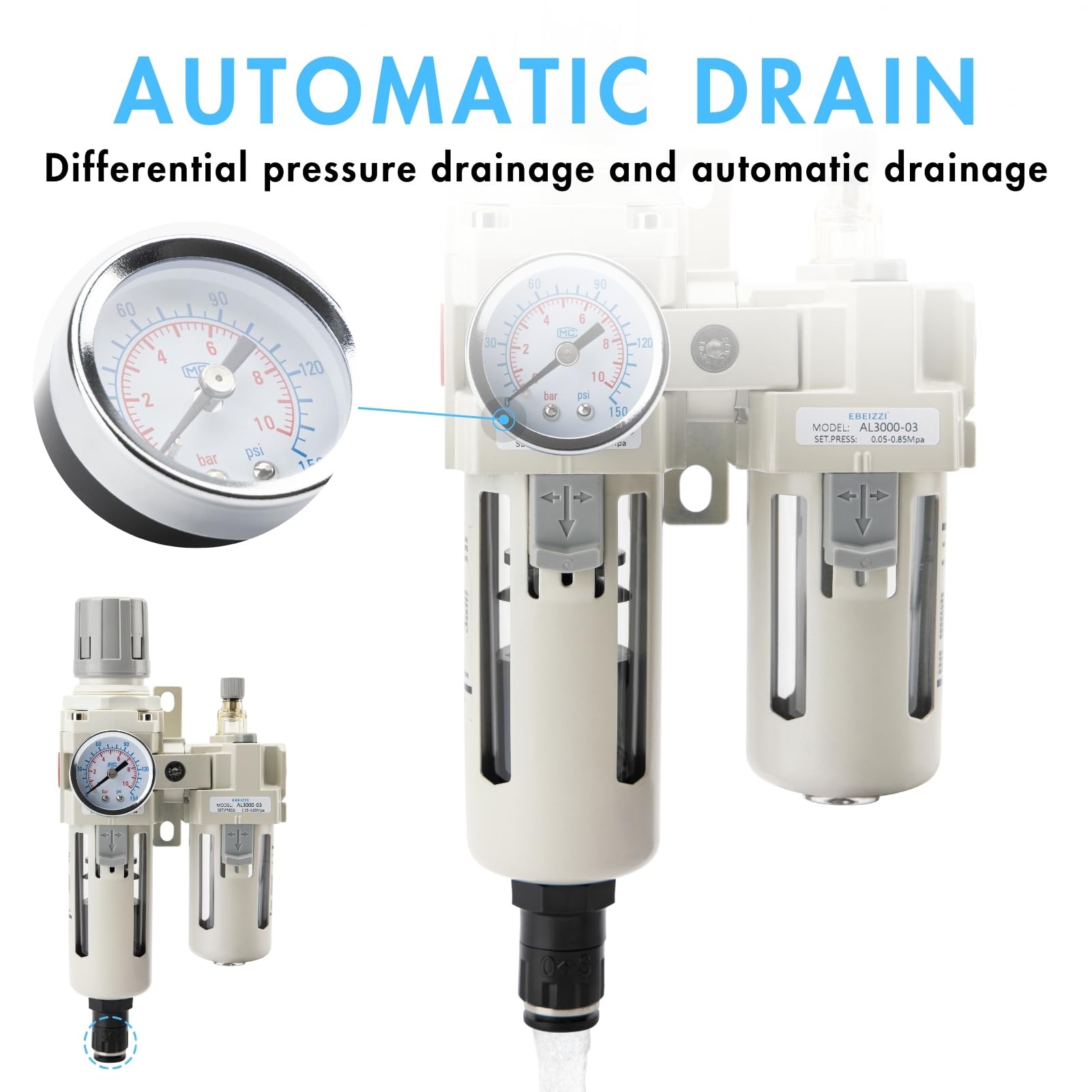 Filtro de aire comprimido NPT de 3/8 pulgadas | Combo de lubricador regulador | Separador de trampas de agua/aceite, calibre (0-150 psi) | tazón de polietileno | drenaje automático | Soporte -