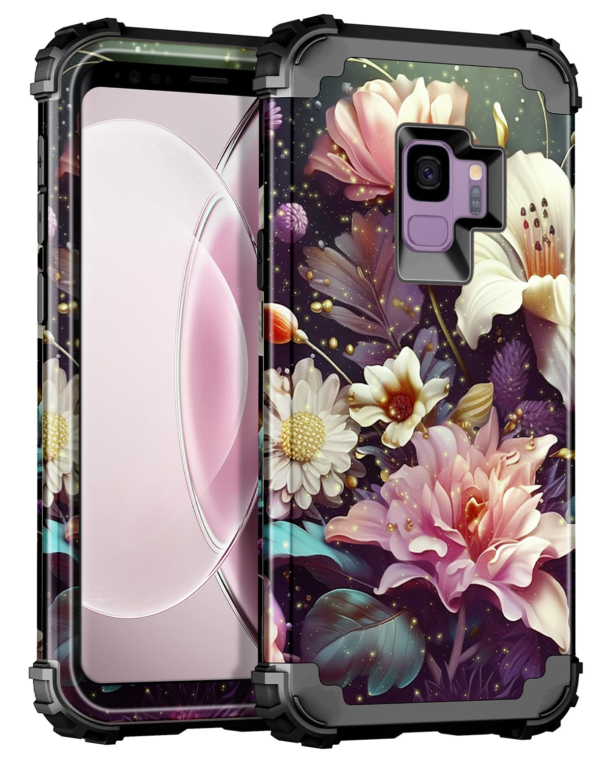 Casetego for Galaxy S9 Case,Heavy Duty Shockproof 3 Layer Hard PC+Soft Silicone Bumper Rugged Anti-Slip Protective Cases for Samsung Galaxy S9,Dark Purple Flower