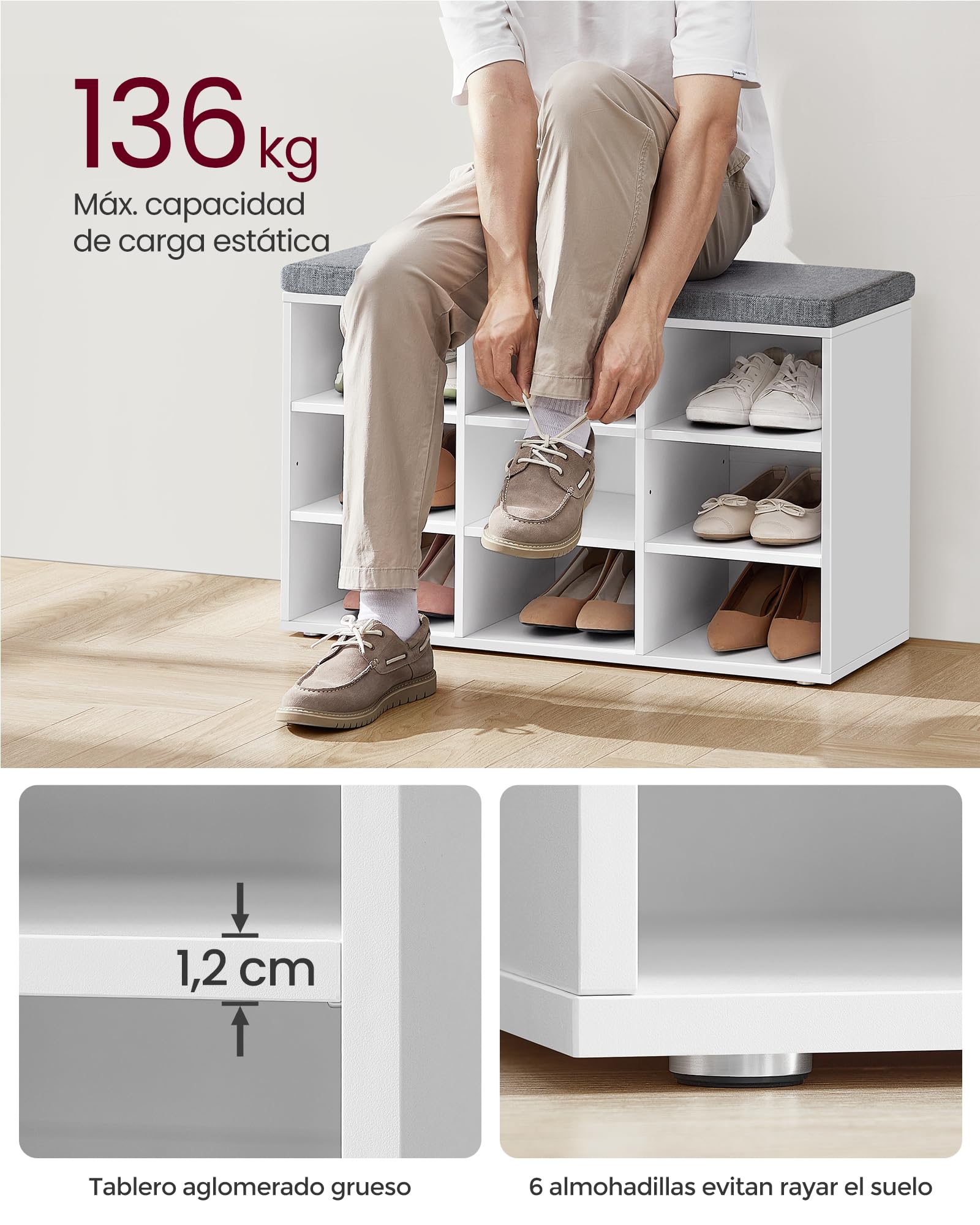 VASAGLE Custos Colección - Banco Zapatero, Zapatero con Asiento, con Cojín y 9 Compartimientos, Estantes Ajustables, para Entrada, Sala de Estar, 30,3 x 78,5 x 48 cm, Blanco Clásico LHS009W14