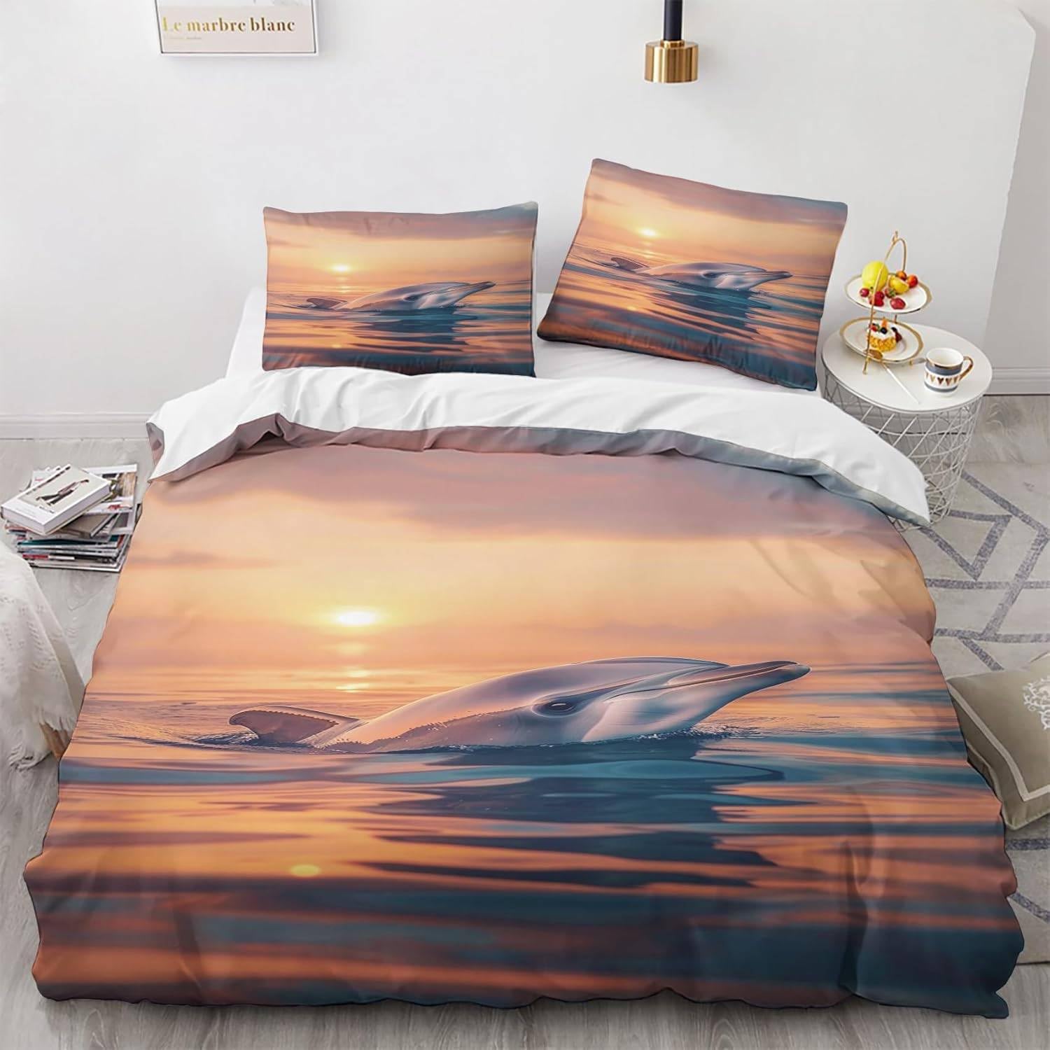 LMMSMGS Double Duvet Set Grey dolphin Double Bed Duvet Cover Set for Kids Aldult with Zipper Closure Hypoallergenic Microfiber Quilt Cover 78.7"x 78.7" + 2 Pillowcases 19.7"x 29.5"