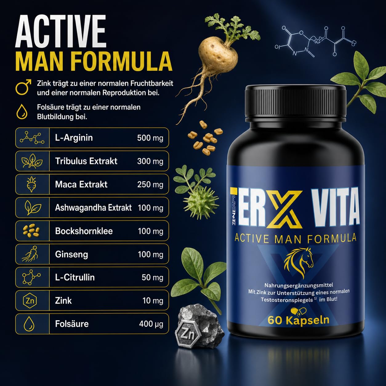 ERX VITA Active Man Formula – 60 Kapseln – Männer Nahrungsergänzung mit L-Arginin, Maca, Tribulus, Zink & Folsäure – Zink für normalen Testosteronspiegel – 2 Kapseln täglich