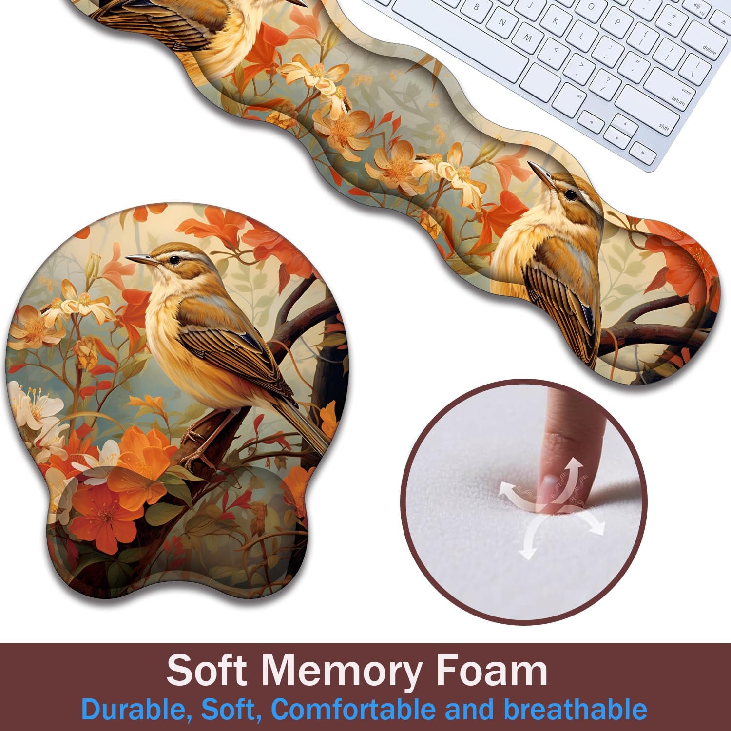 Keyboard Wrist Rest and Mouse Pad Wrist Support with Lace-Shaped Coaster Set, Ergonomic Gel Memory Foam and Anti-Slip Base, Easy Typing and Pain Relief - Larks Among Flowers