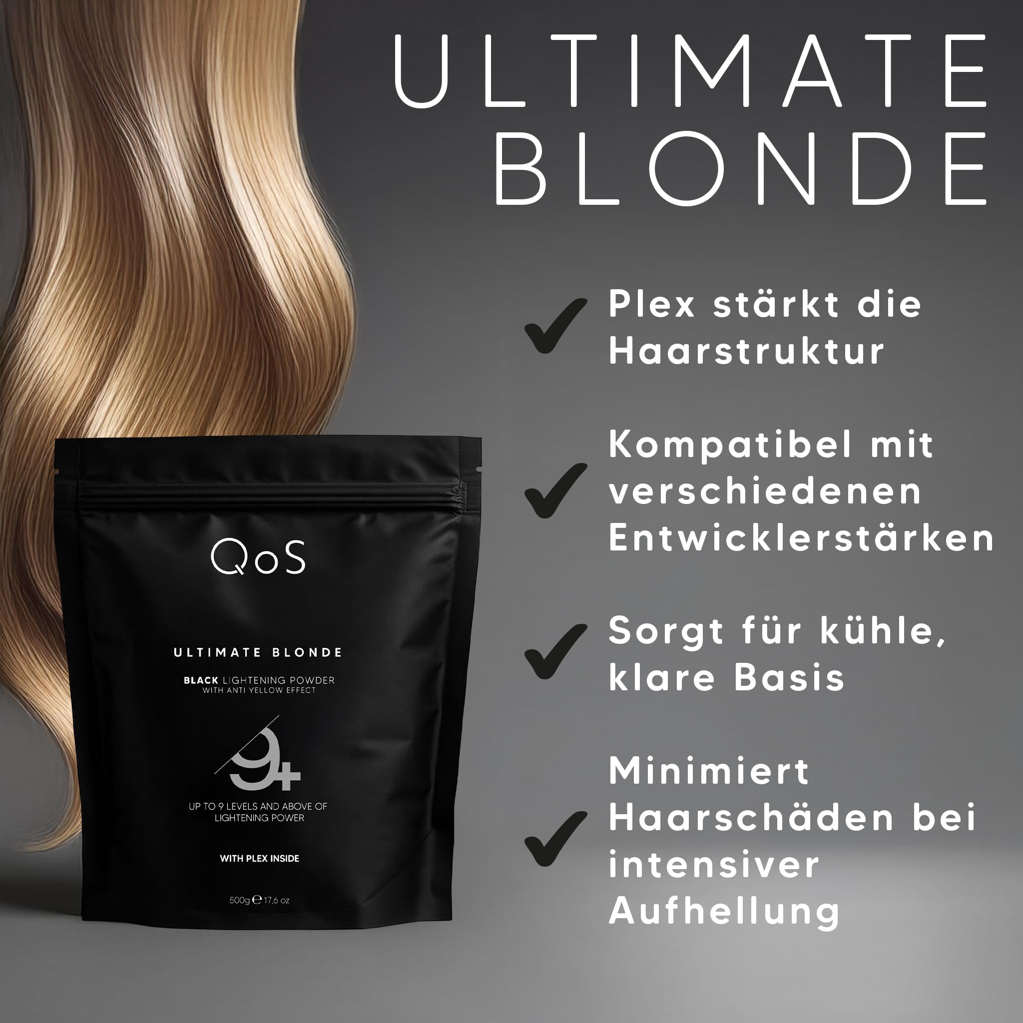 QOS Blondierset Black 9% (30 Vol), Blondierpulver 500g + Creme Entwickler 1000ml, Anti-Gelbstich, Plex/Bond-Support, Profi Haaraufhellung