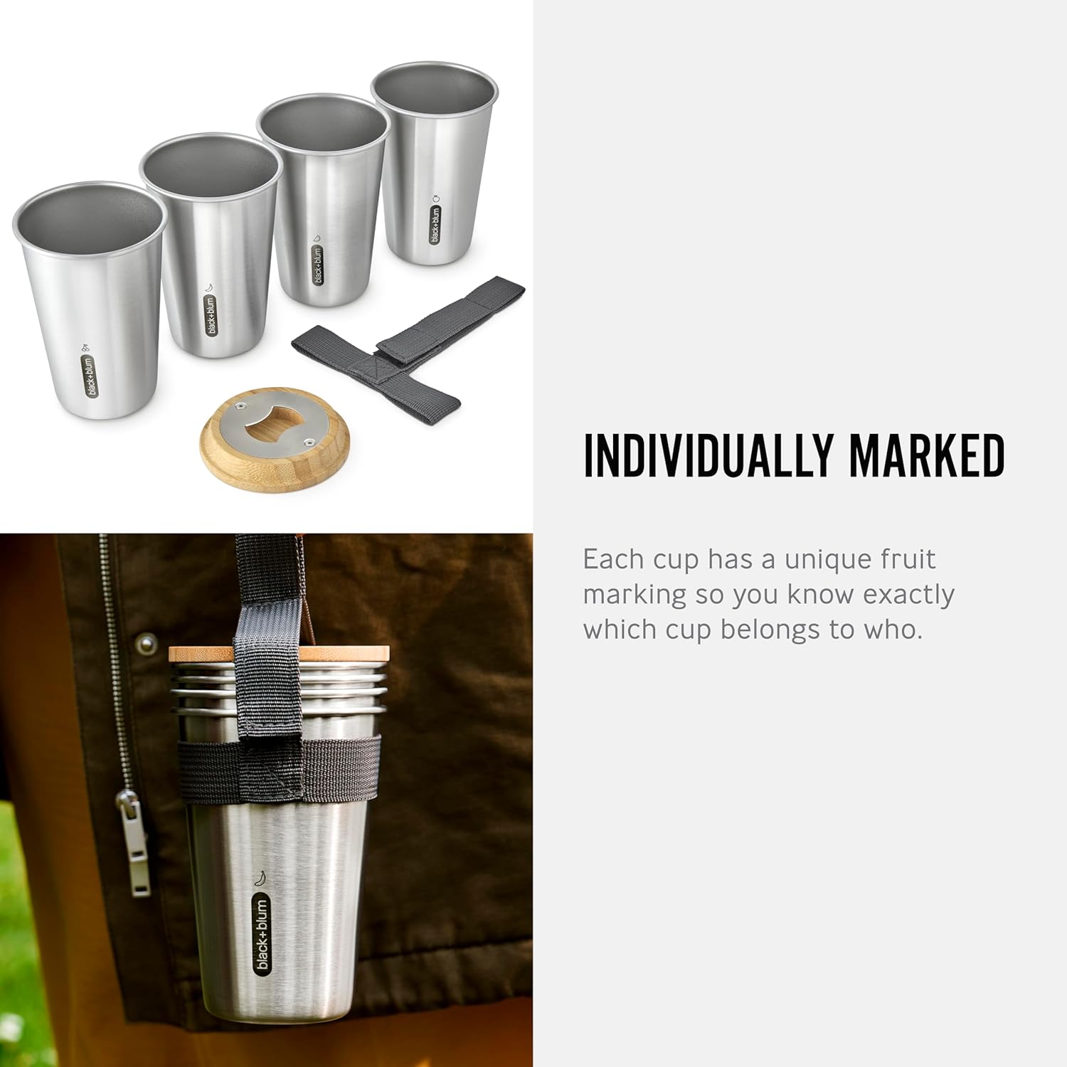 BLACK + BLUM Stainless Steel Cups Set of 4 - Picnic Stacking Cups Set with Bamboo Lid Bottle Opener - 16.9oz/500ml Camping Essentials