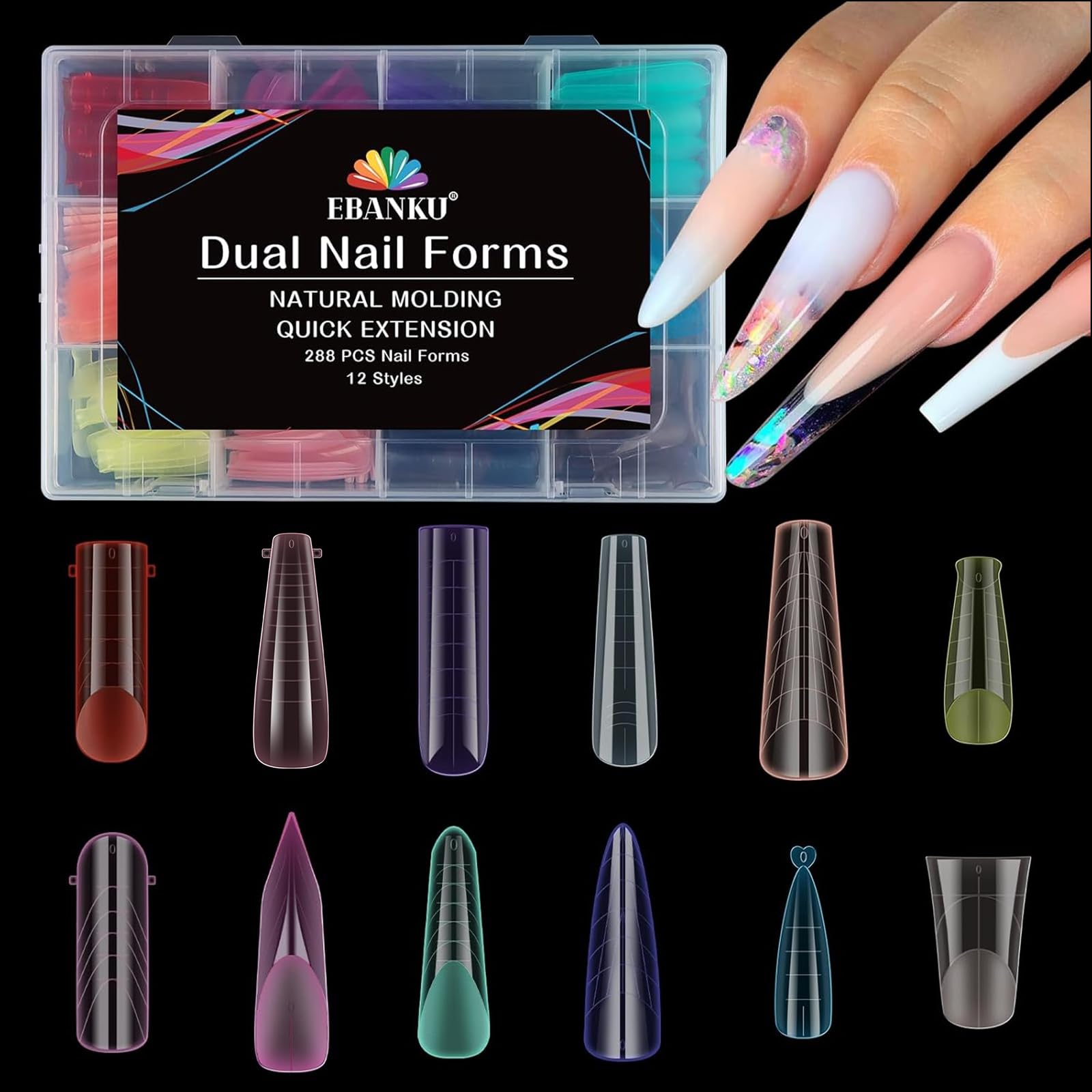 EBANKU Dual Forms for Poly Nail Gel, 288PCS 12 Colors Dual Nail Forms Extension Molds Stiletto Coffin Square Acrylic Nail Tips 12 Shapes for Builder