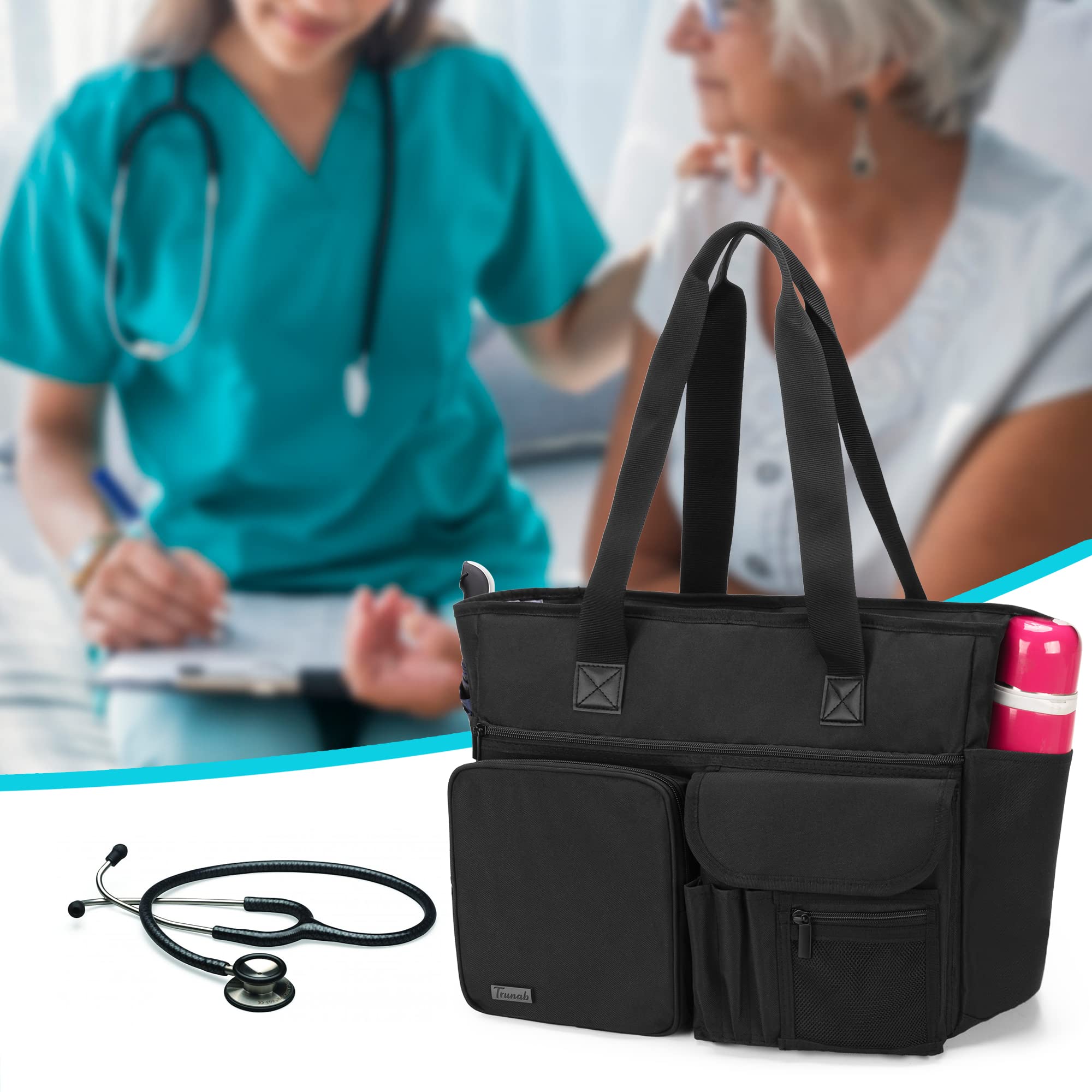 Trunab Sac Fourre-Tout d'Infirmière avec Housse Rembourrée pour Ordinateur Portable de 15,6", Sac d'Infirmière avec Plusieurs Poches pour Les Visites de Soins Palliatifs et Les Soins à Domicile