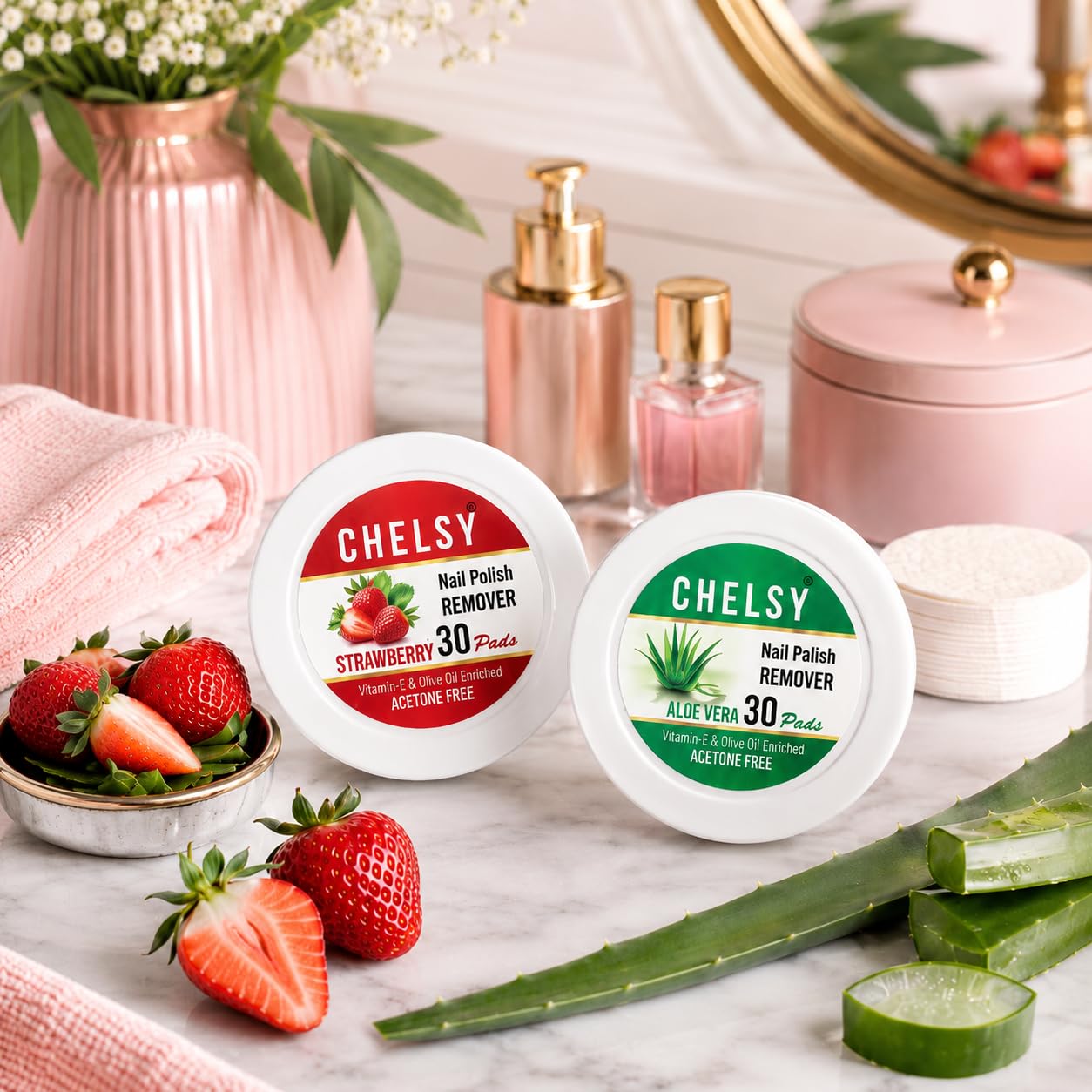 Chelsy Nail Polish Remover Wipes, 60 Pads (30x2) – Aloe Vera & Strawberry, Acetone-Free Nail Paint Remover Wipes for Women, Travel-Friendly 2