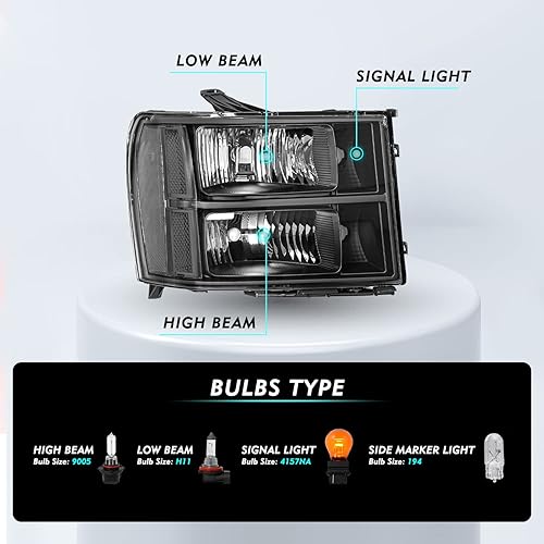 Miniatura 2 de Compatible con GMC Sierra 1500 2007-2013 07-14 GMC Sierra 2500 HD 3500 HD, OE, estilo de fábrica, repuesto LH+RH carcasa negra y reflector cromado