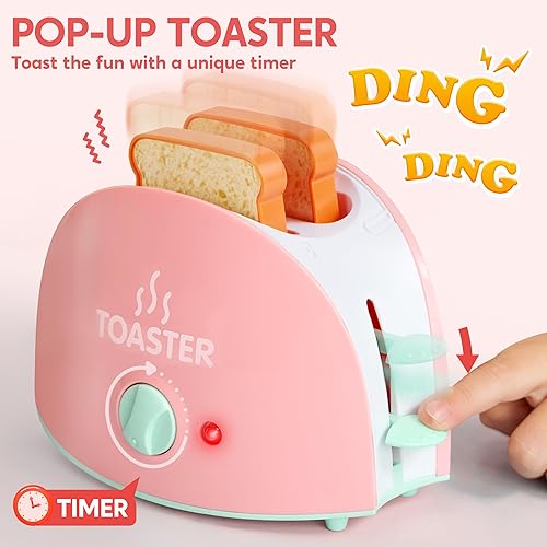 Miniatura 2 de Joyin Juego de juguetes de cocina, juego de electrodomésticos de cocina con cafetera, mezclador, tostadora con luces y sonidos realistas, regalo de