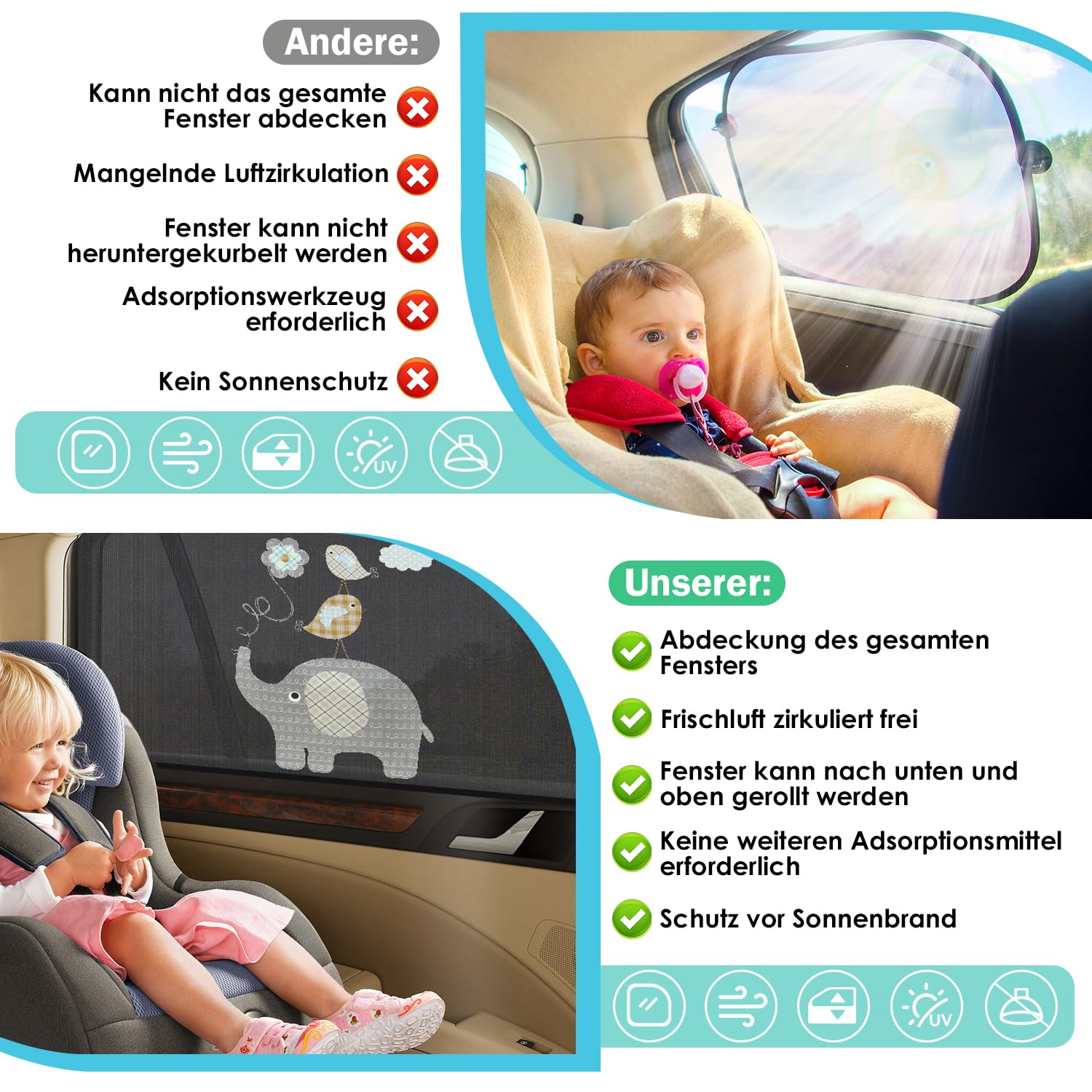 Tendine Parasole Auto Bambini, 2 Pezzi Parasole Auto Bambini per Finestrino Laterale, Parasole Auto Bambini Anti-UV e Anti-Zanzara,Tendina Parasole Auto Contra Raggi UV Vestibilità - 3