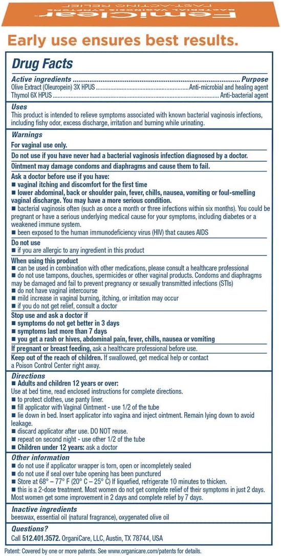 FemiClear for Bacterial Vaginosis (BV) Symptoms - Vaginal Ointment for Fishy Odor, Excess Discharge, Itching & Discomfort Due to Bacterial Vaginosis, All-Natural and Organic Ingredients, 2-Day Dose : Health & Household