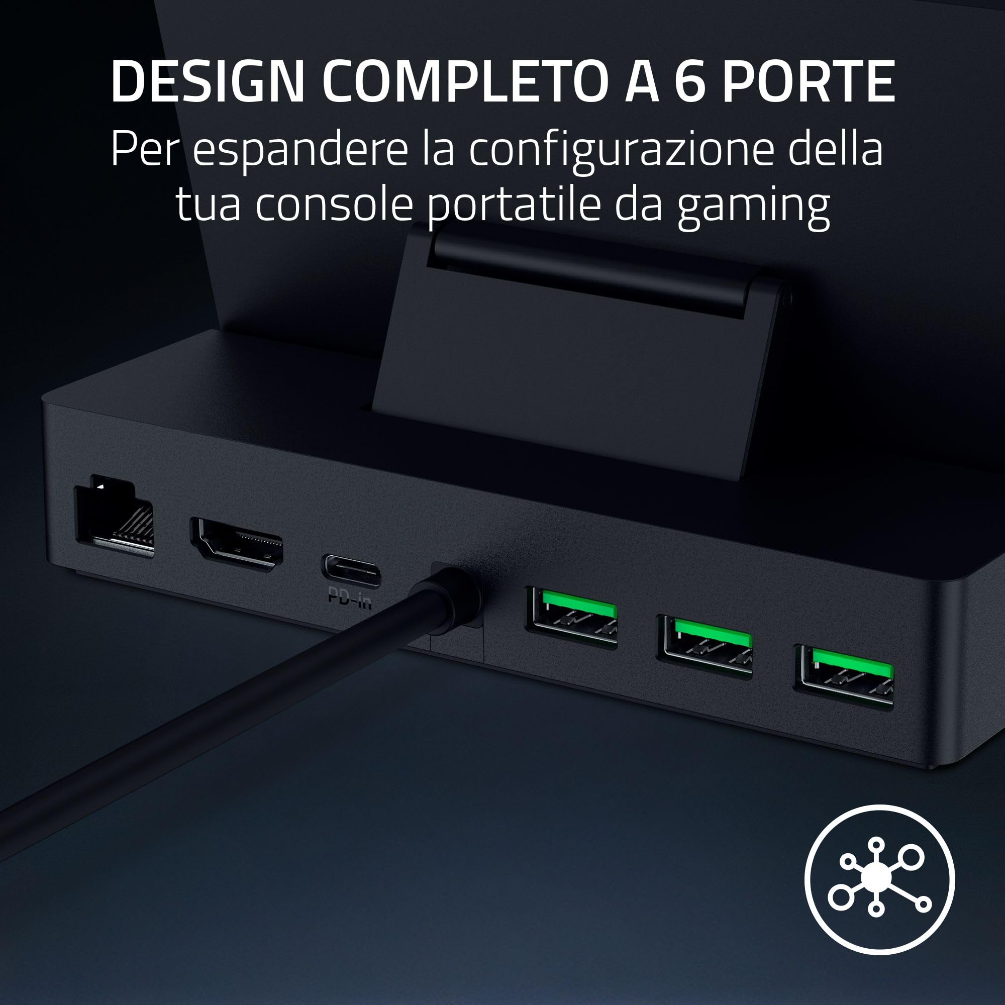 Razer Handheld Dock Chroma - Hub di ricarica HDMI 6 porte per dispositivi mobili di gioco o tablet (3x USB-A, 1x HMDI, 1 USB-C 100W Passthrough Charging, 1x GbE) Nero