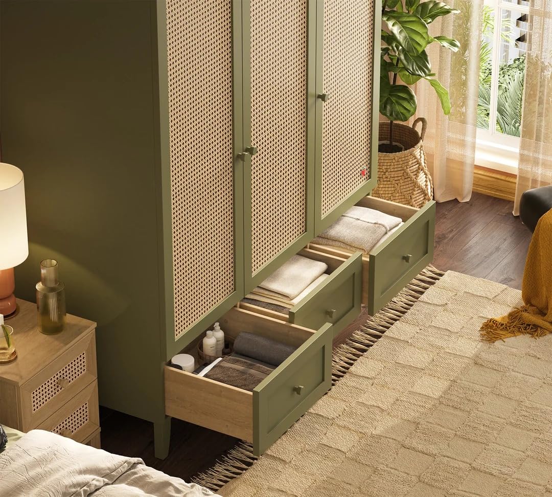 Donne's Home Loof Arc Armadio Camera da Letto 3 Ante Battenti con Ripiani e Cassetti, Guardaroba per Cameretta con Appendiabiti e LED Interno, Chiusura Ammortizzata