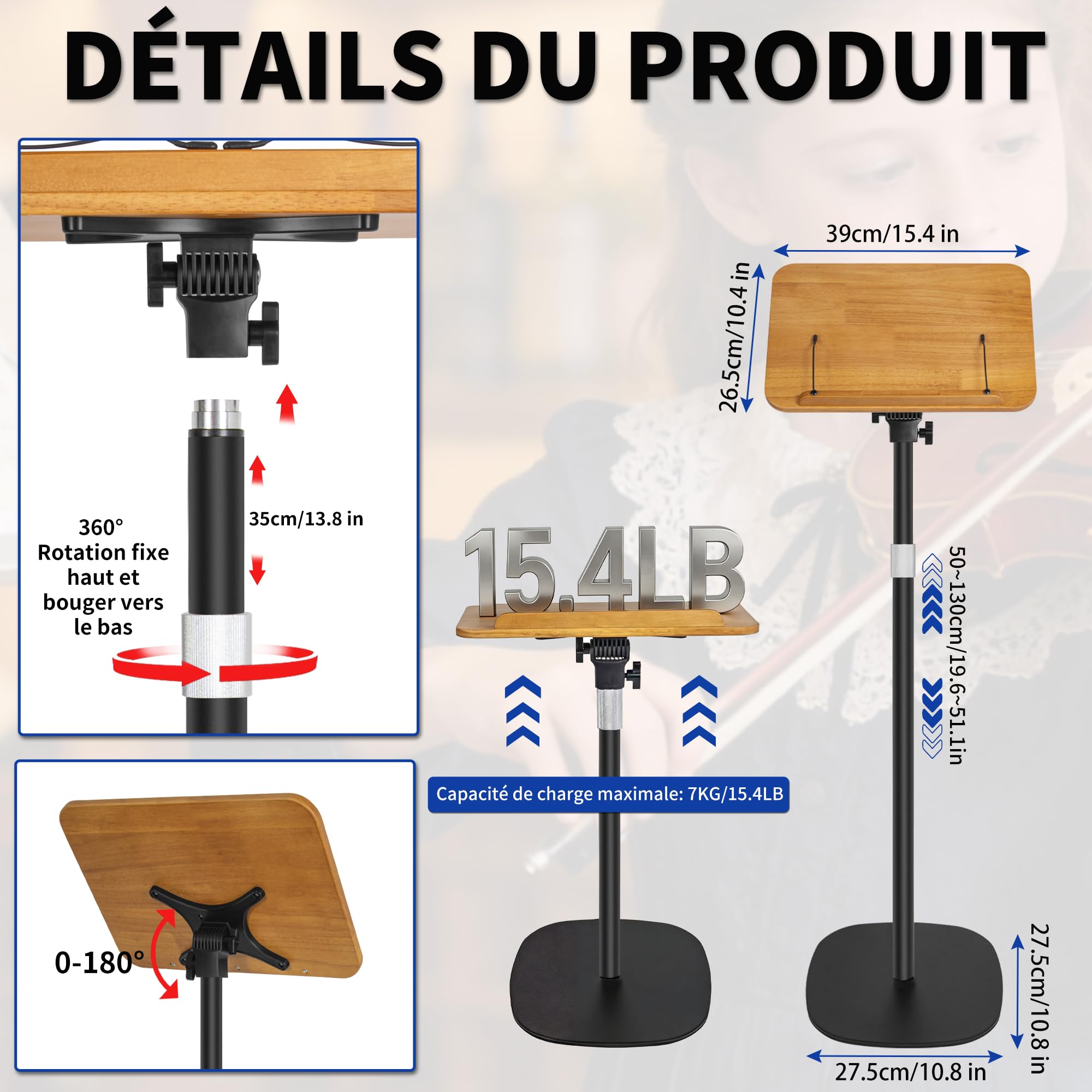OUUTMEE Supporto da lettura in metallo, 26,5 x 39 x 130 cm, nero | Regolabile in altezza da 60 a 130 cm, pieghevole, stabile, scrivania portatile per laptop, tablet e libri