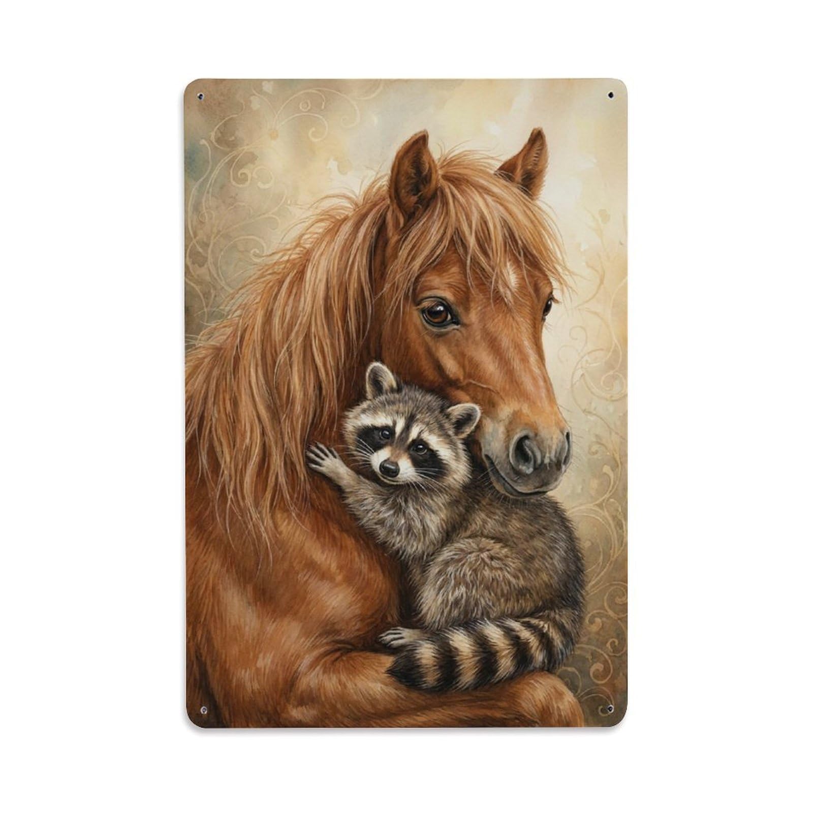 Metal Tin Sign Vintage Animal Cute Pony & Raccoon Animal Friendship