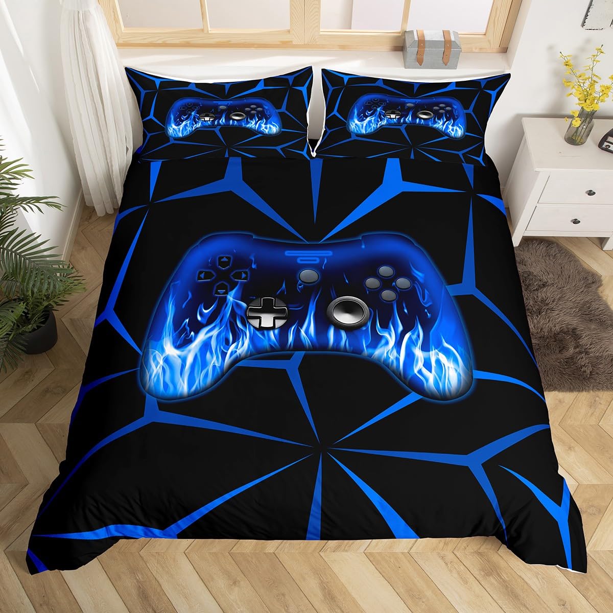 Homemissing Kids Gamer Duvet Cover Set,Gaming Bedding Set Single Size for Boys Girls,3D Geometric Video Game Console Comforter Cover,Blue and Black Game Contoller Bedclothes - Image 2