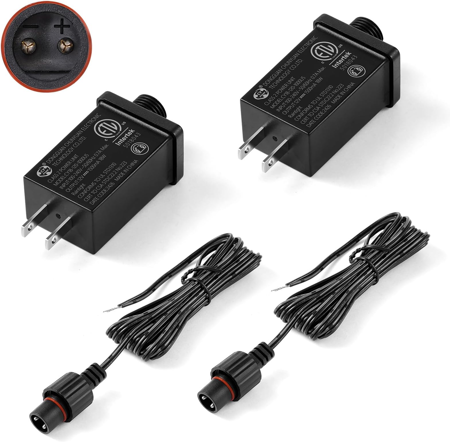 2Pack 12V 18W 1.5A Class 2 Power Supply with Extension Cord, AC to DC Low Voltage Transformer for LED Strip Lights, Waterproof Yard Inflatable Adapter Power Unit for Christmas Inflatables, ETL Listed